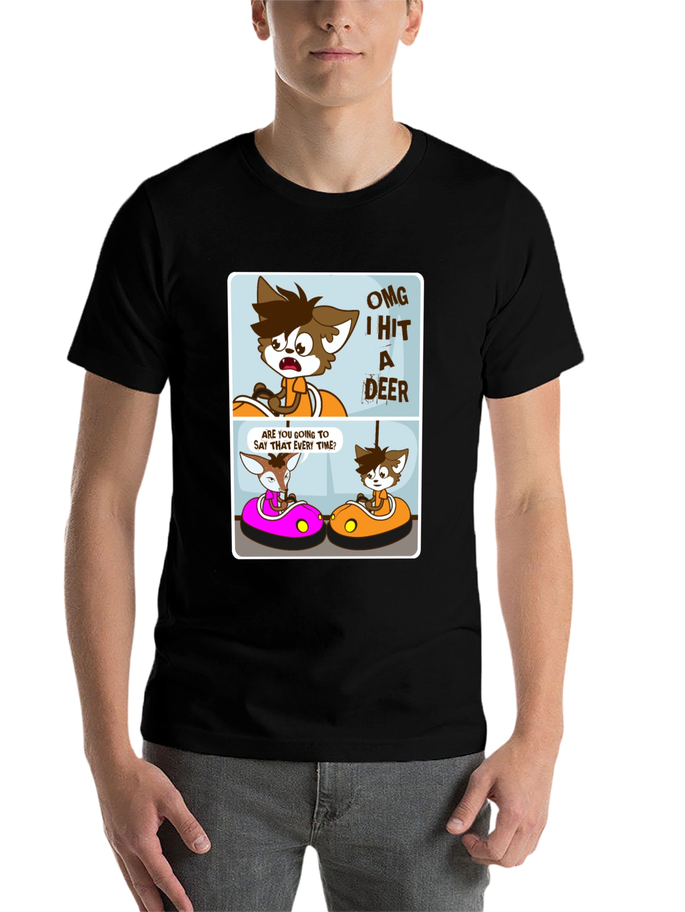 Black Cartoon Deer Bumper Cars Black T-Shirt view 7