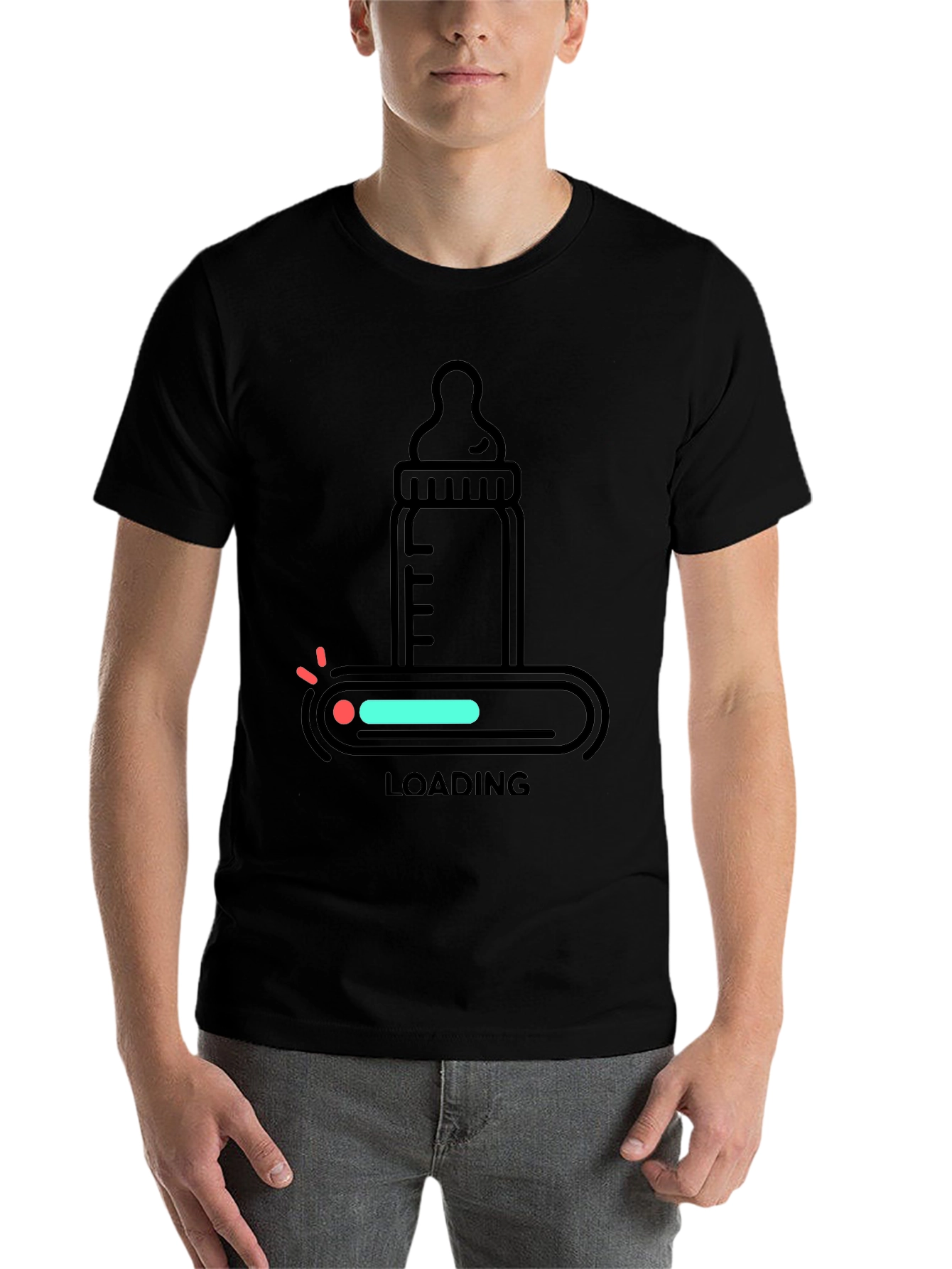 Black Baby Bottle Loading T-Shirt - New Parent Apparel view 7