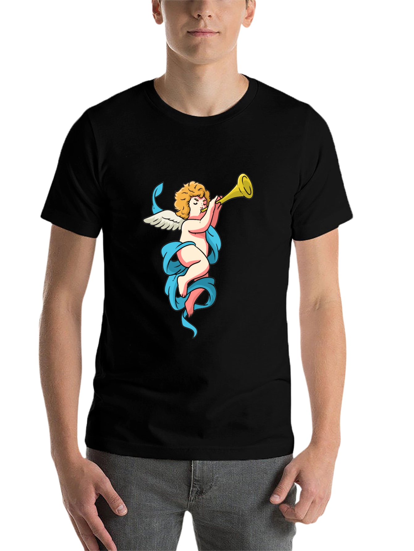 Black Cherub Trumpet Graphic Tee - Soft Cotton Comfort view 7