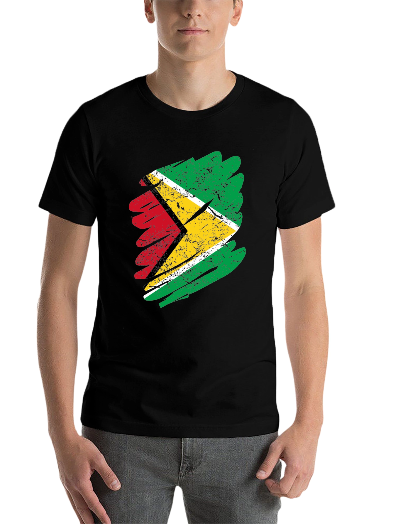 Black Guyana Flag Brush Stroke Men's Black T-Shirt view 7