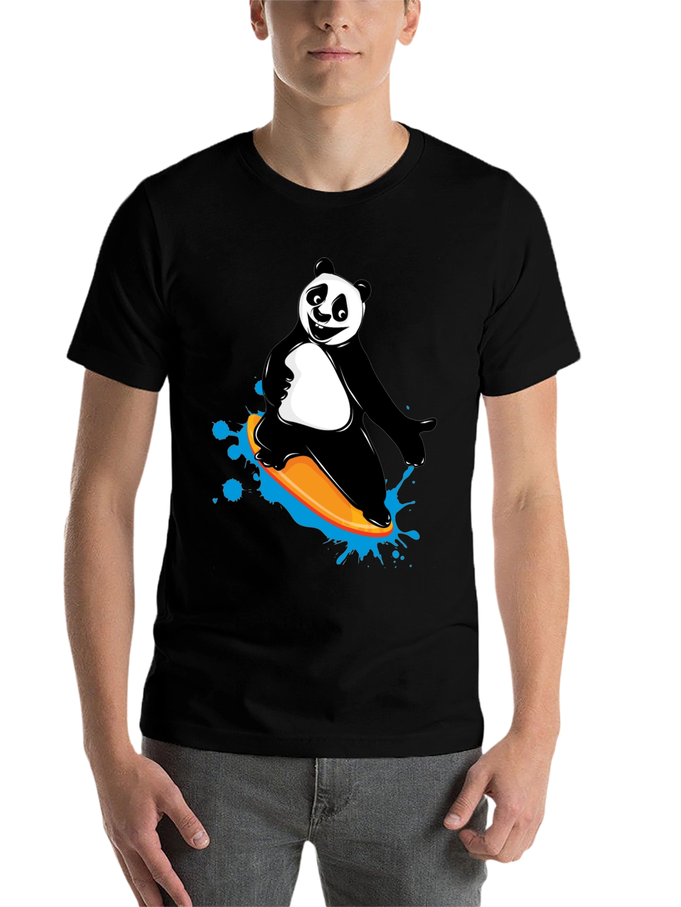 Black Panda Surfing Graphic Tee - Fun Black T-Shirt view 7