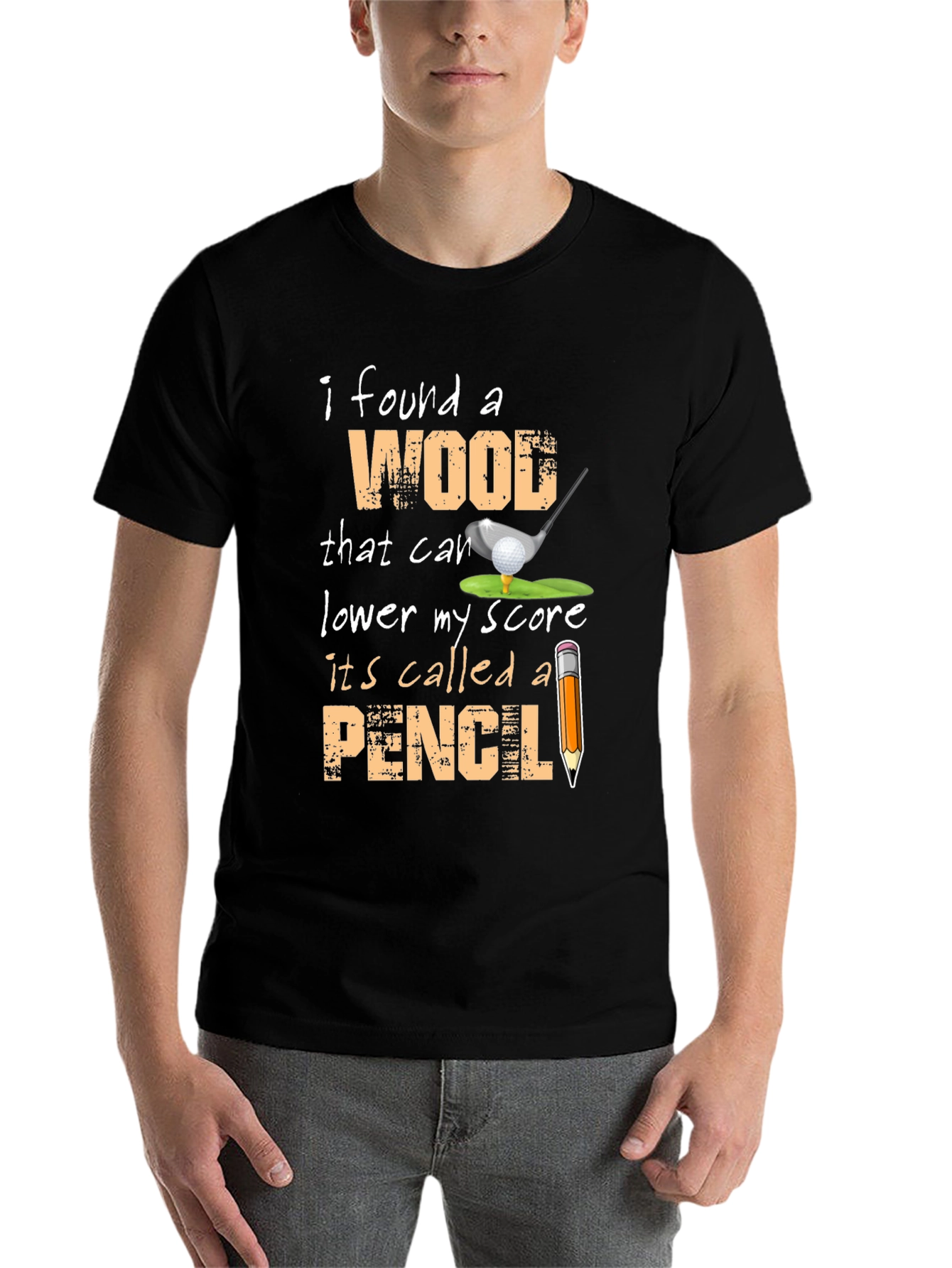Black Funny Golf T-Shirt - Wood and Pencil view 7