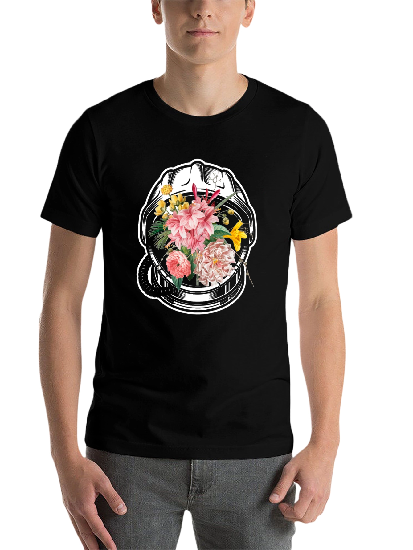 Black Floral Astronaut Helmet Graphic Tee - Unique Design view 7