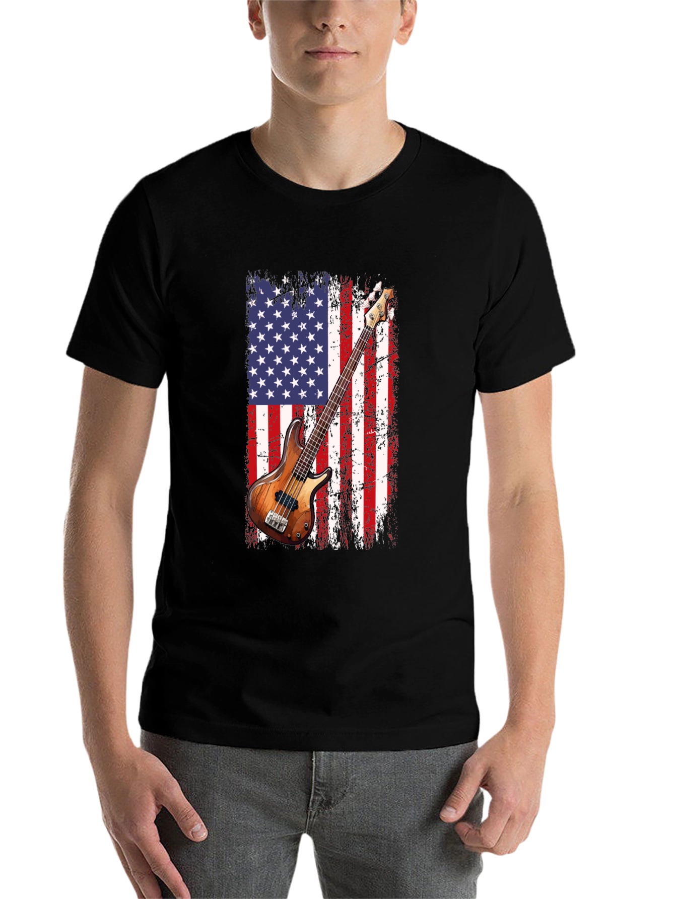 Black USA Flag Bass Guitar T-Shirt view 7
