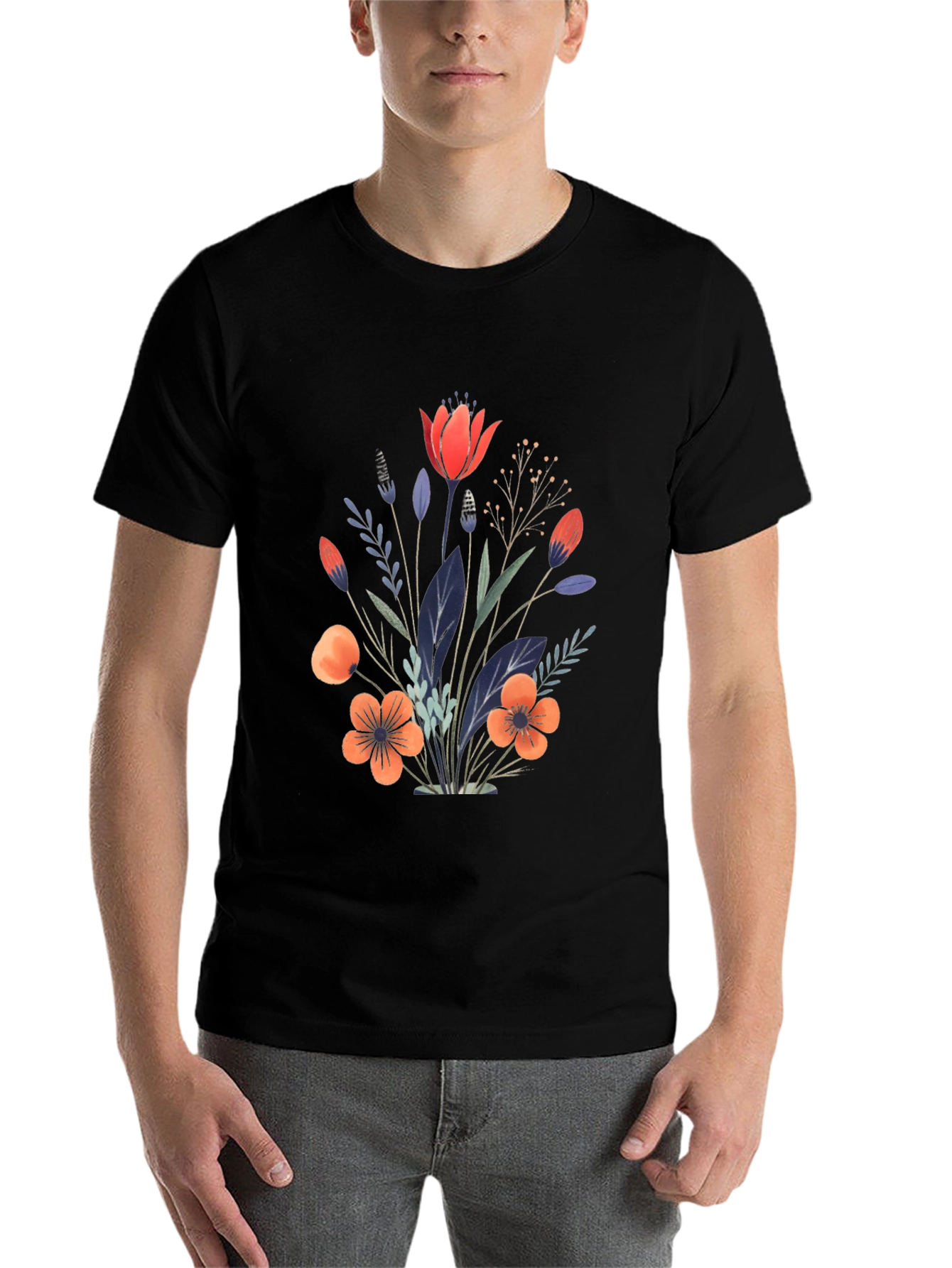 Black Floral Bouquet Graphic Print Black T-Shirt view 7