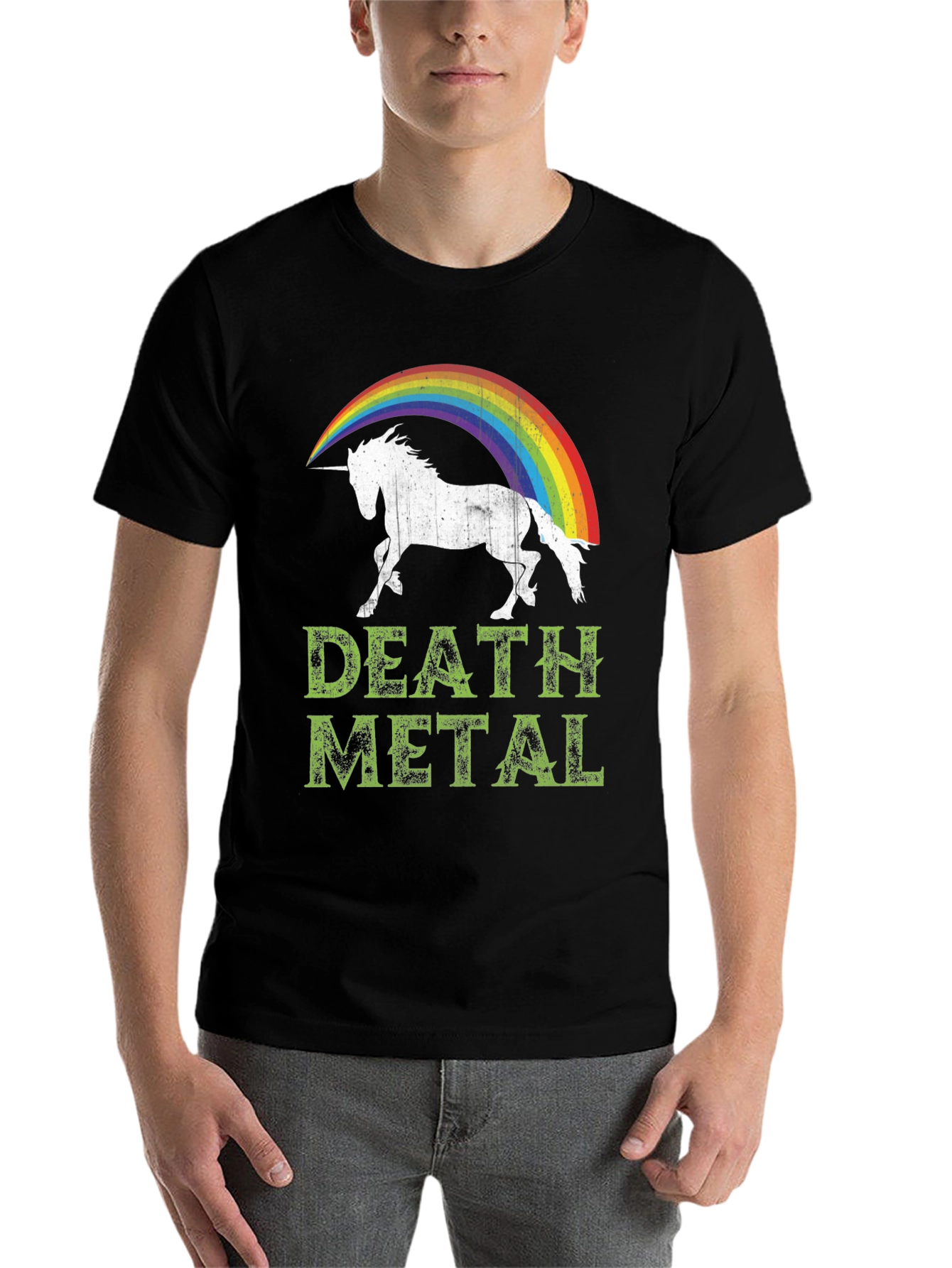 Black Death Metal Unicorn Rainbow T-Shirt - Black Cotton Tee view 7