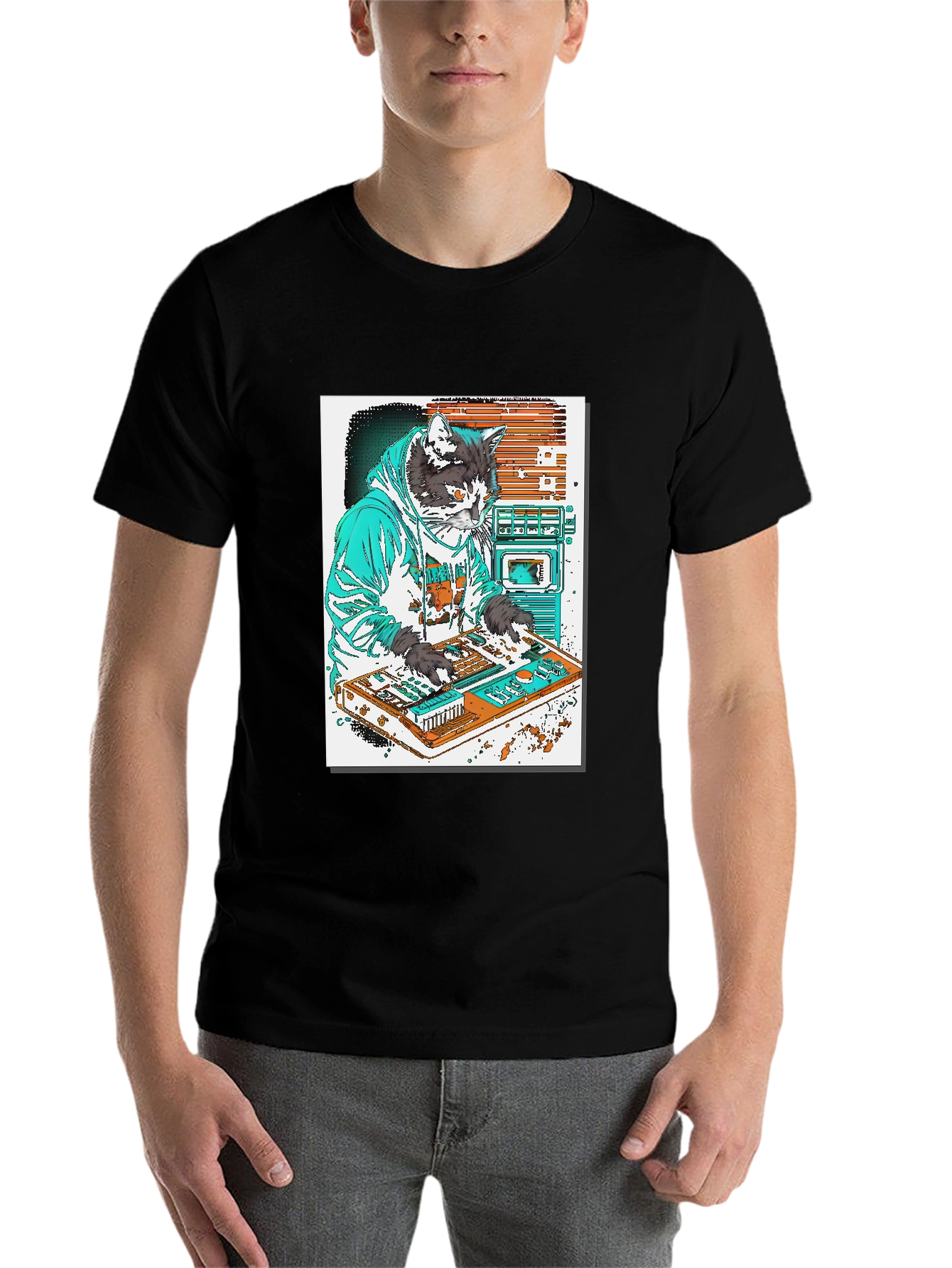 Black DJ Cat Graphic T-Shirt - Black view 7