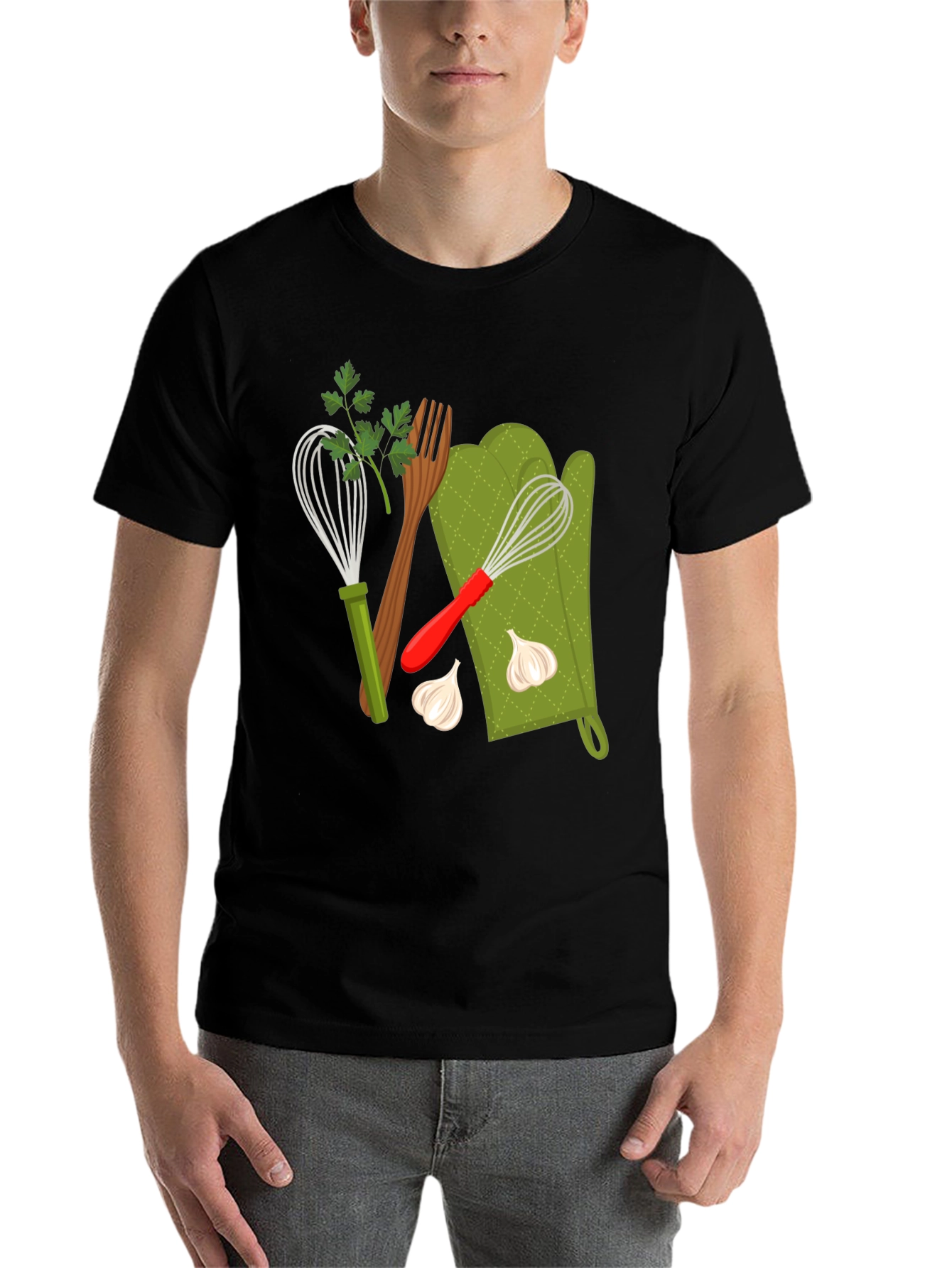 Black Cooking Lover Graphic T-Shirt: Whisk, Fork, and Garlic Design view 7