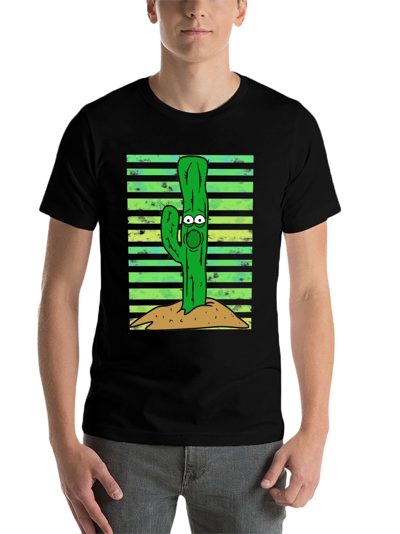Black Cartoon Cactus Graphic Tee - Unisex Black T-Shirt view 7