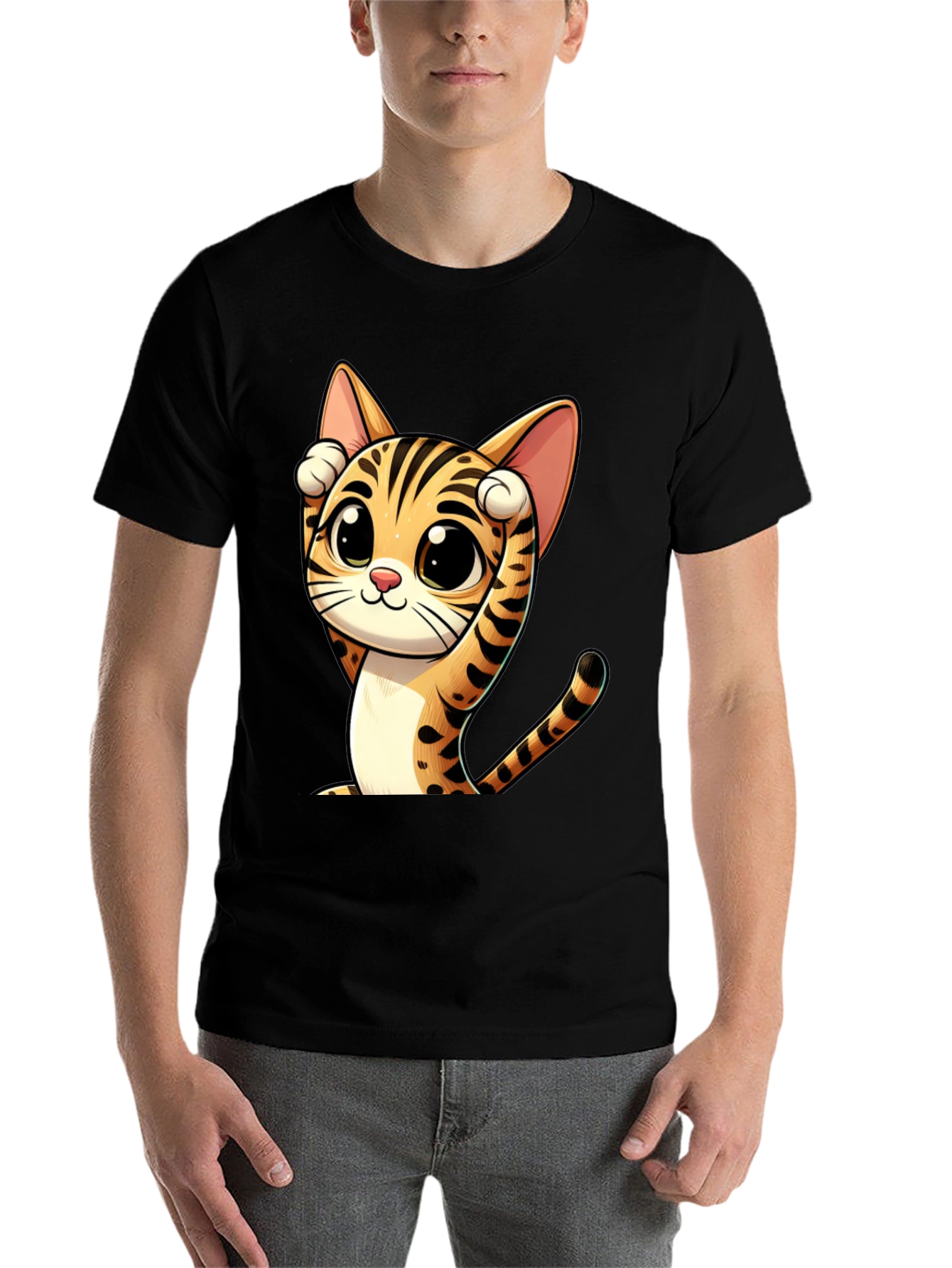 Black Cute Cartoon Cat Graphic Black T-Shirt view 7