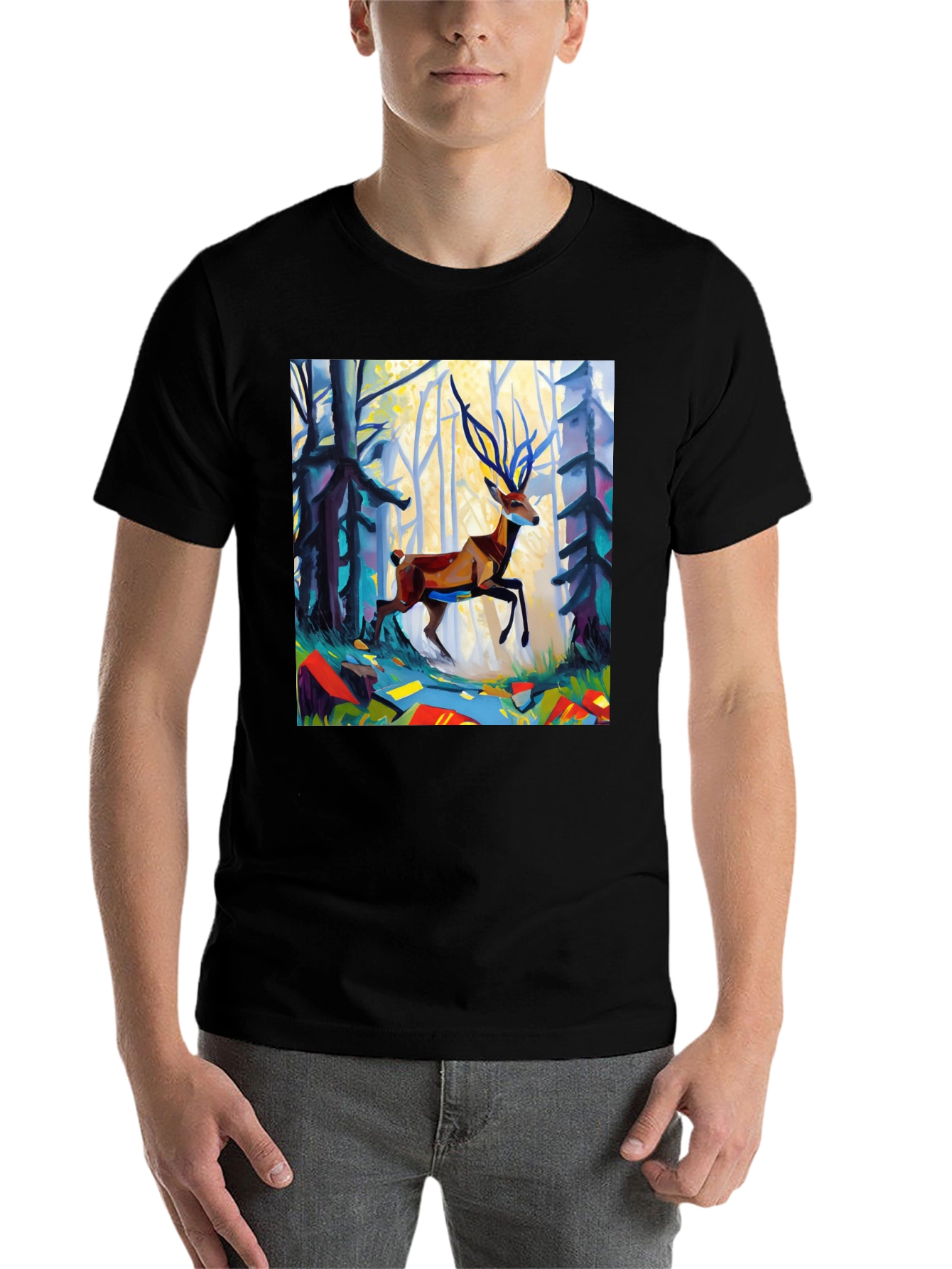 Abstract Deer Forest Graphic Tee - Black Casual T-Shirt - 7