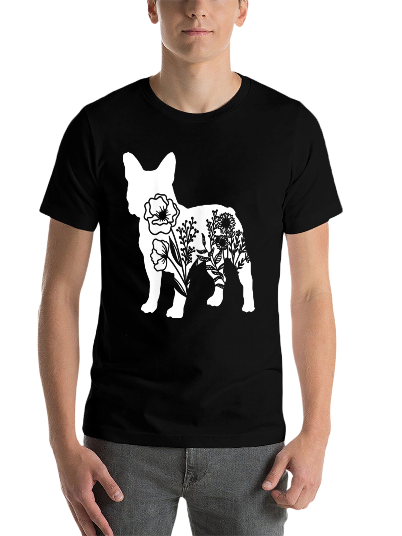 Black Floral Dog Graphic Tee - Stylish Casual Wear view 7