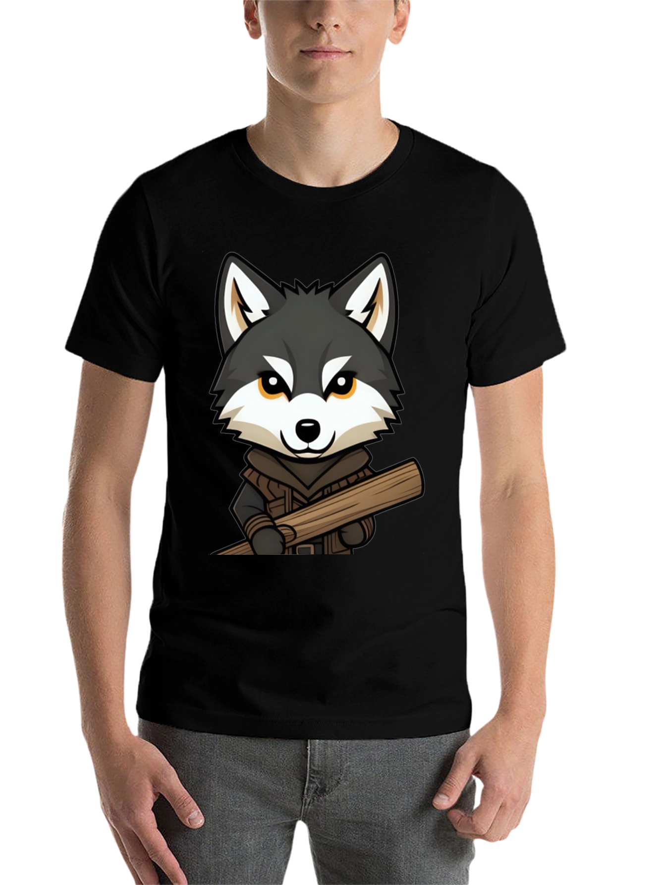 Black Wolf Lumberjack Cartoon Graphic T-Shirt view 7