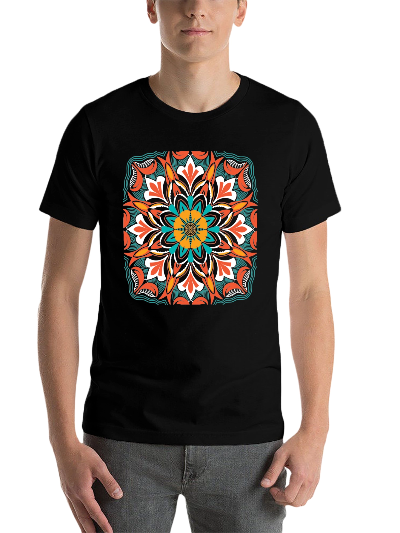 Black Geometric Mandala Design Black T-Shirt view 7