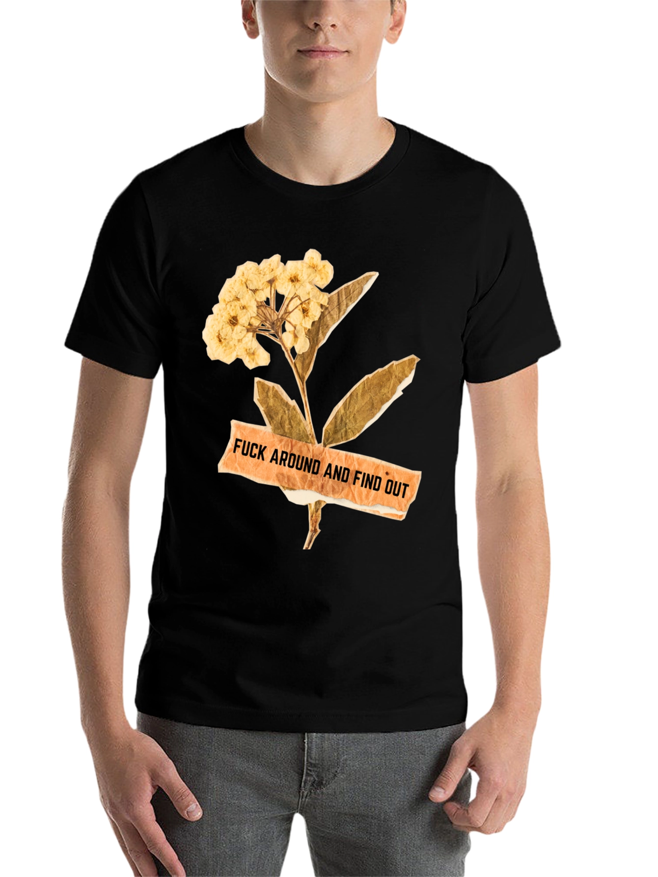 Black Floral Caution Men's Black Tee view 7