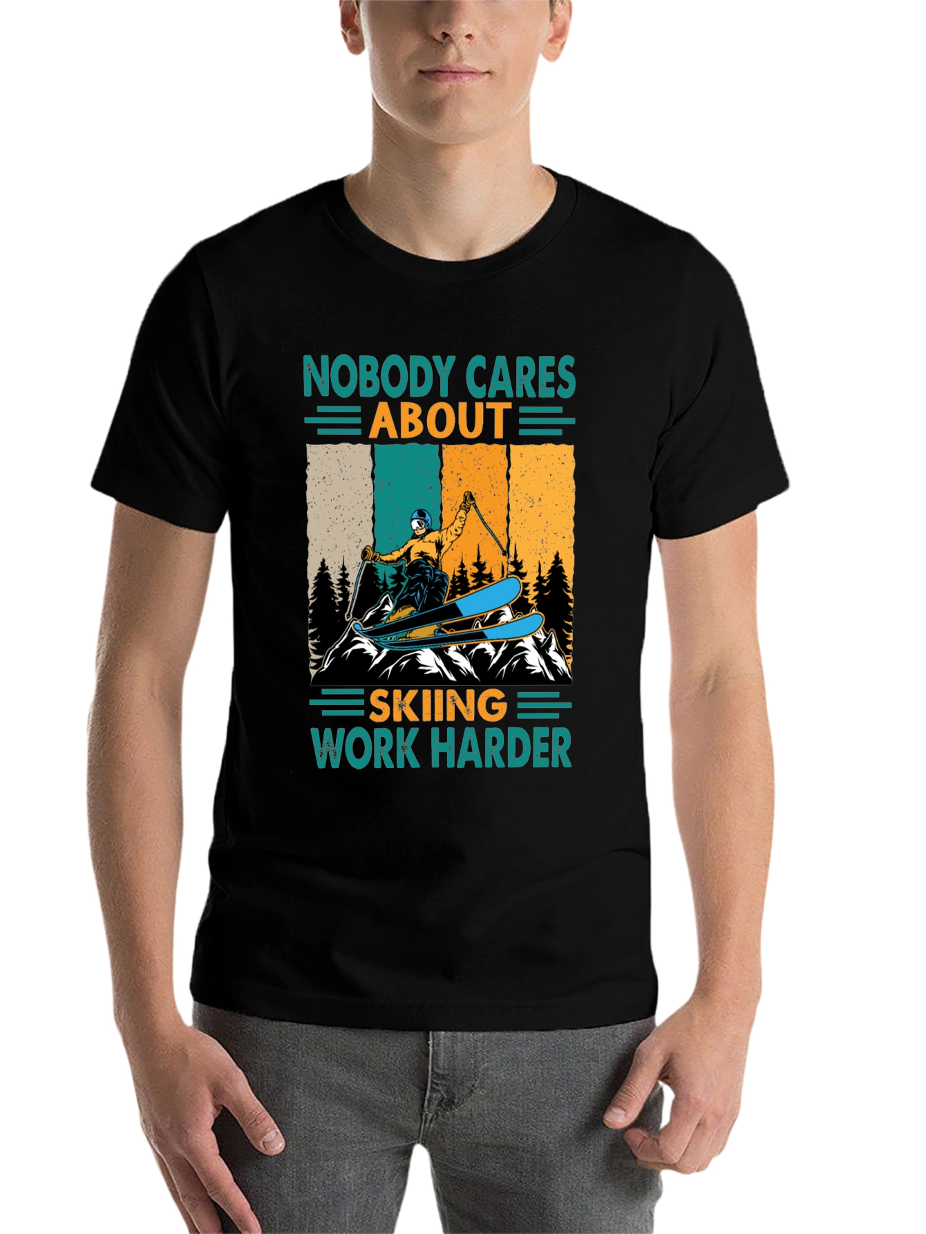 Black Skiing T-Shirt - Nobody Cares, Work Harder Graphic Tee view 7