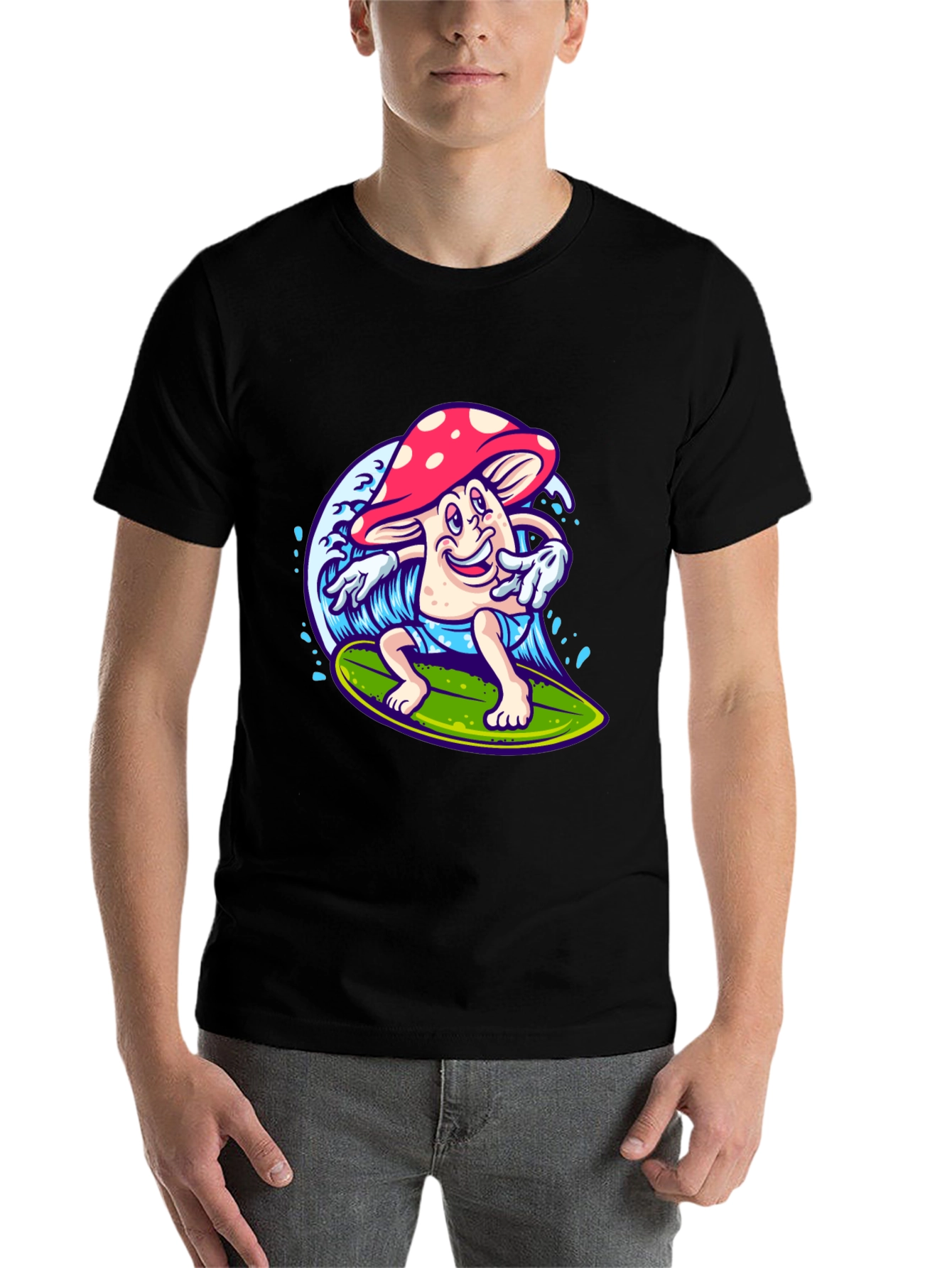 Black Surfing Mushroom Graphic T-Shirt view 7