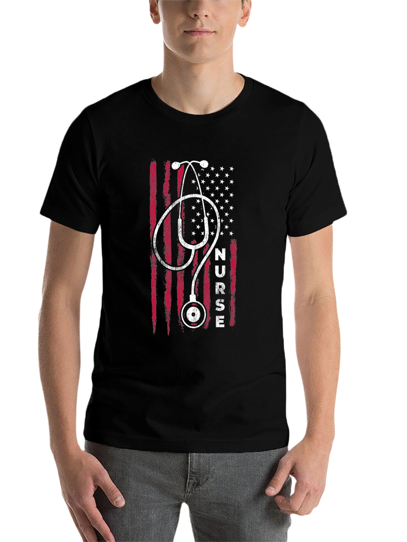 Black Nurse USA Flag Stethoscope T-Shirt - Black view 7