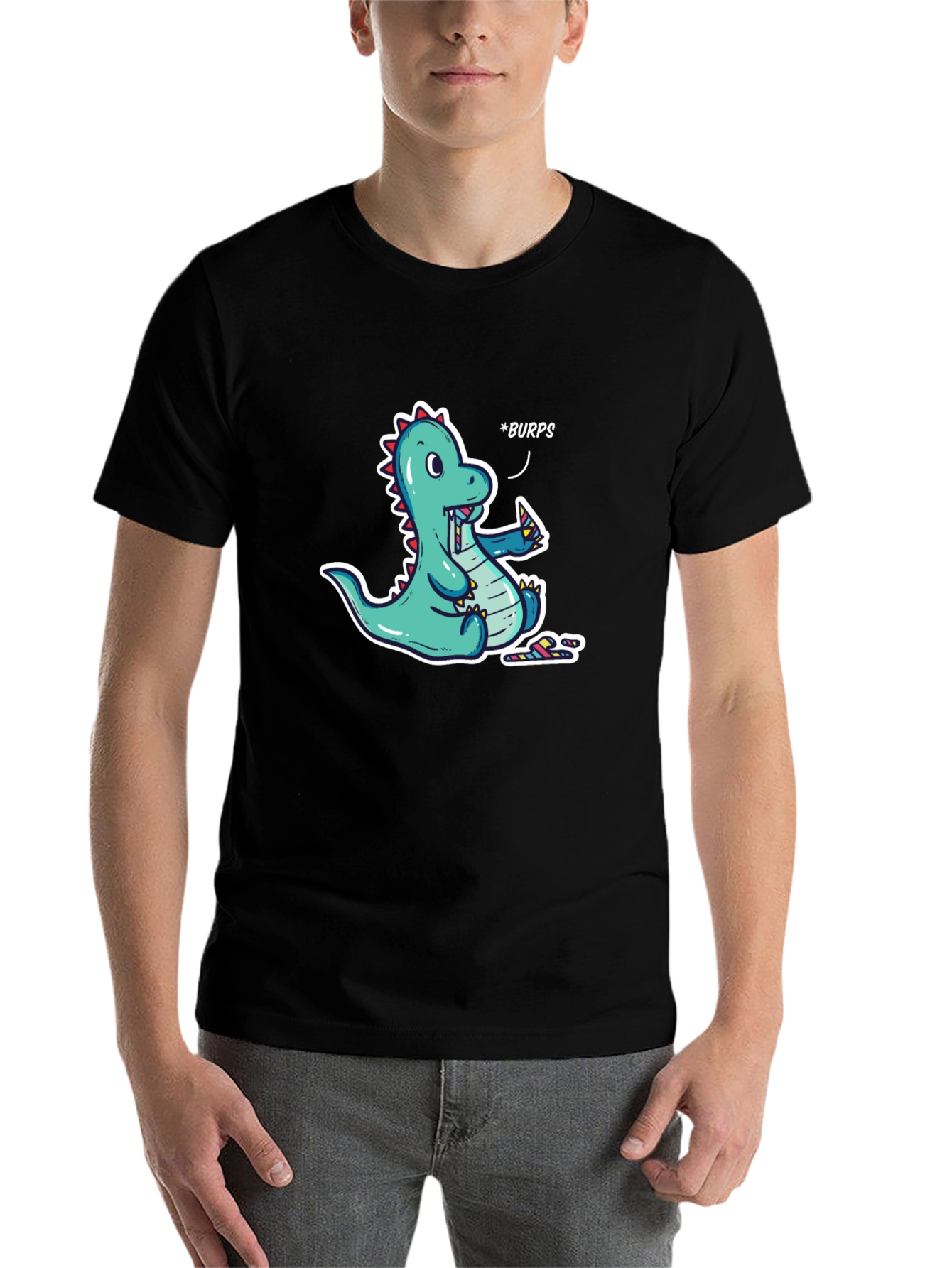 Black Funny Dinosaur *Burps* Graphic T-Shirt - Black Cotton Tee view 7