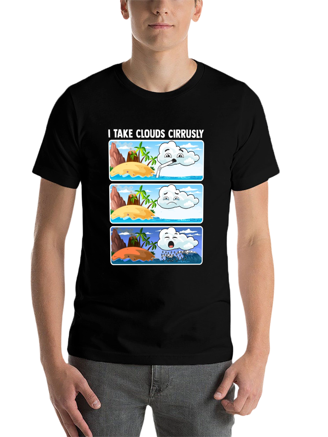 Black Humorous Weather Cartoon T-Shirt view 7