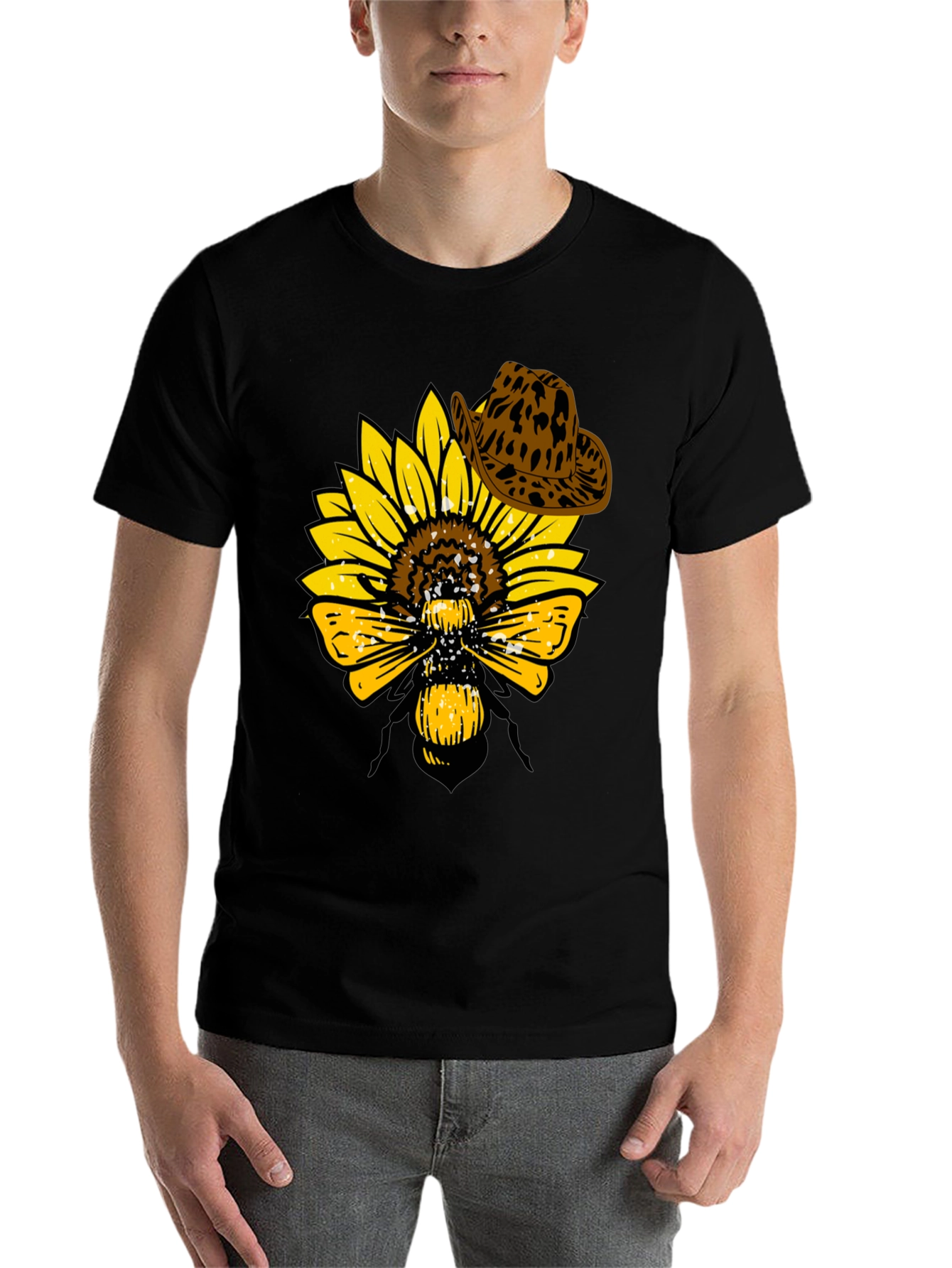 Black Sunflower Bee Cowboy Hat T-Shirt view 7