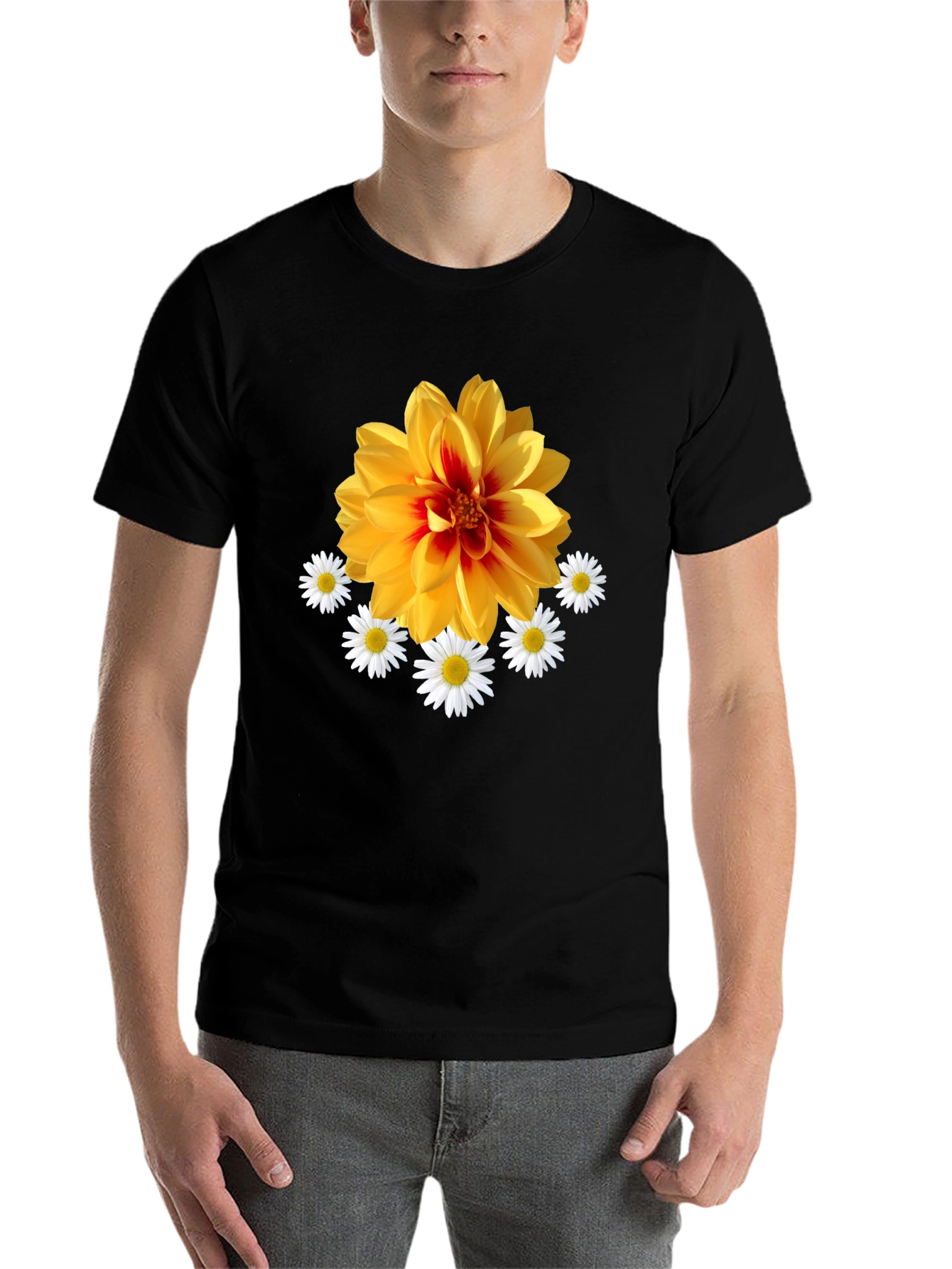 Black Floral Graphic T-Shirt: Yellow Dahlia & Daisies, Black Tee view 7