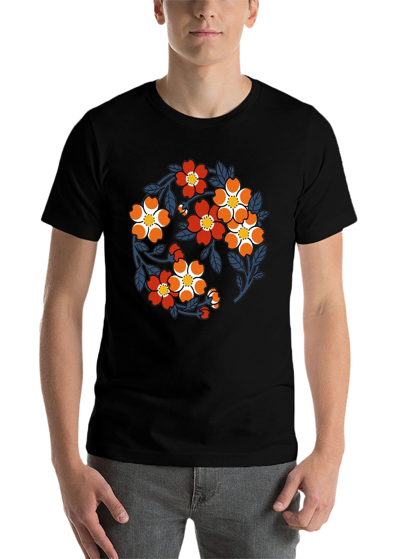 Black Floral Print Black Crew Neck T-Shirt view 7