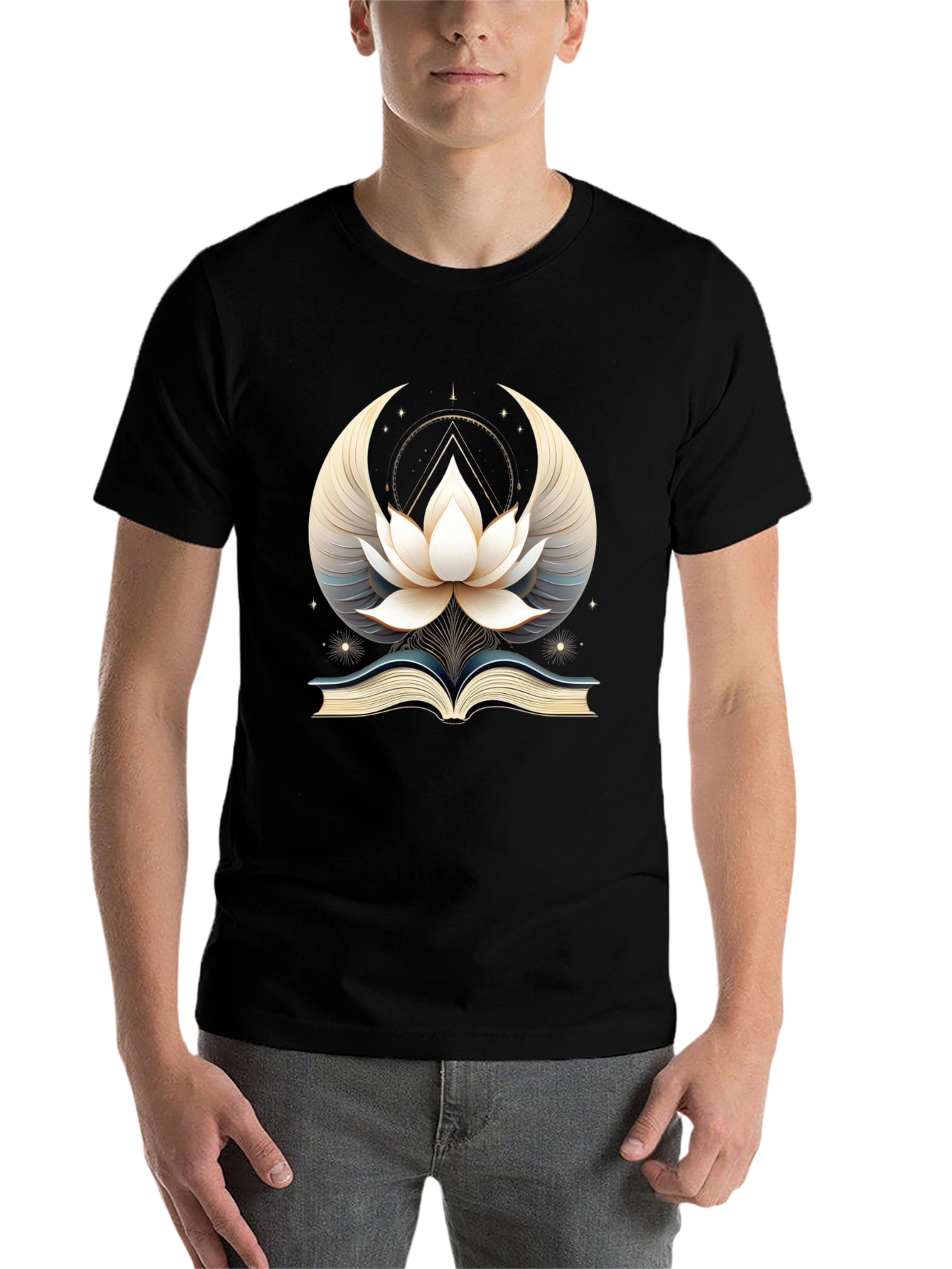 Black Mystic Lotus Book Graphic Tee - Unisex Black T-Shirt view 7