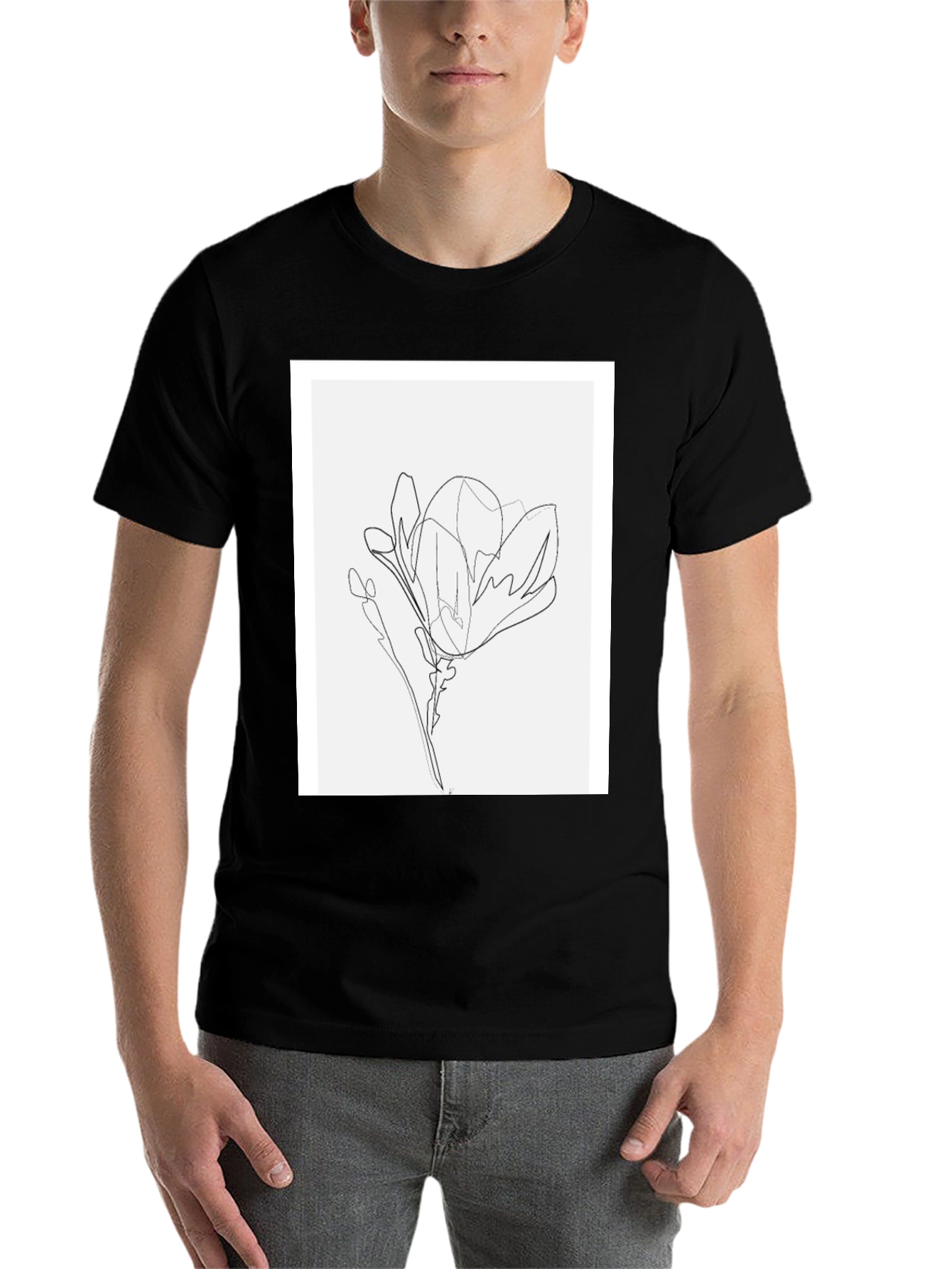 Black Minimalist Line Art Flower T-Shirt - Black view 7