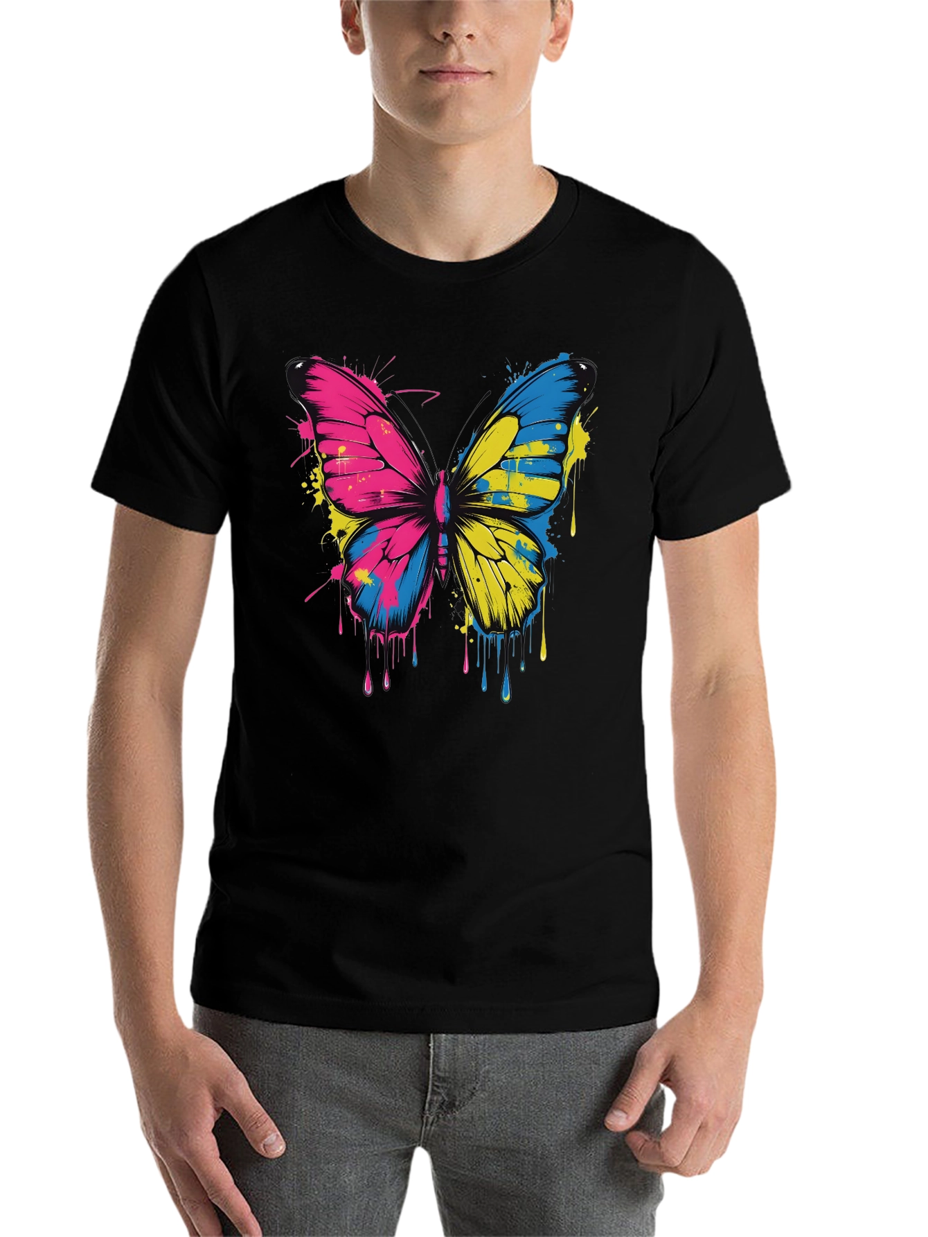 Black Butterfly Splash Tee - Colorful Graphic T-Shirt view 7