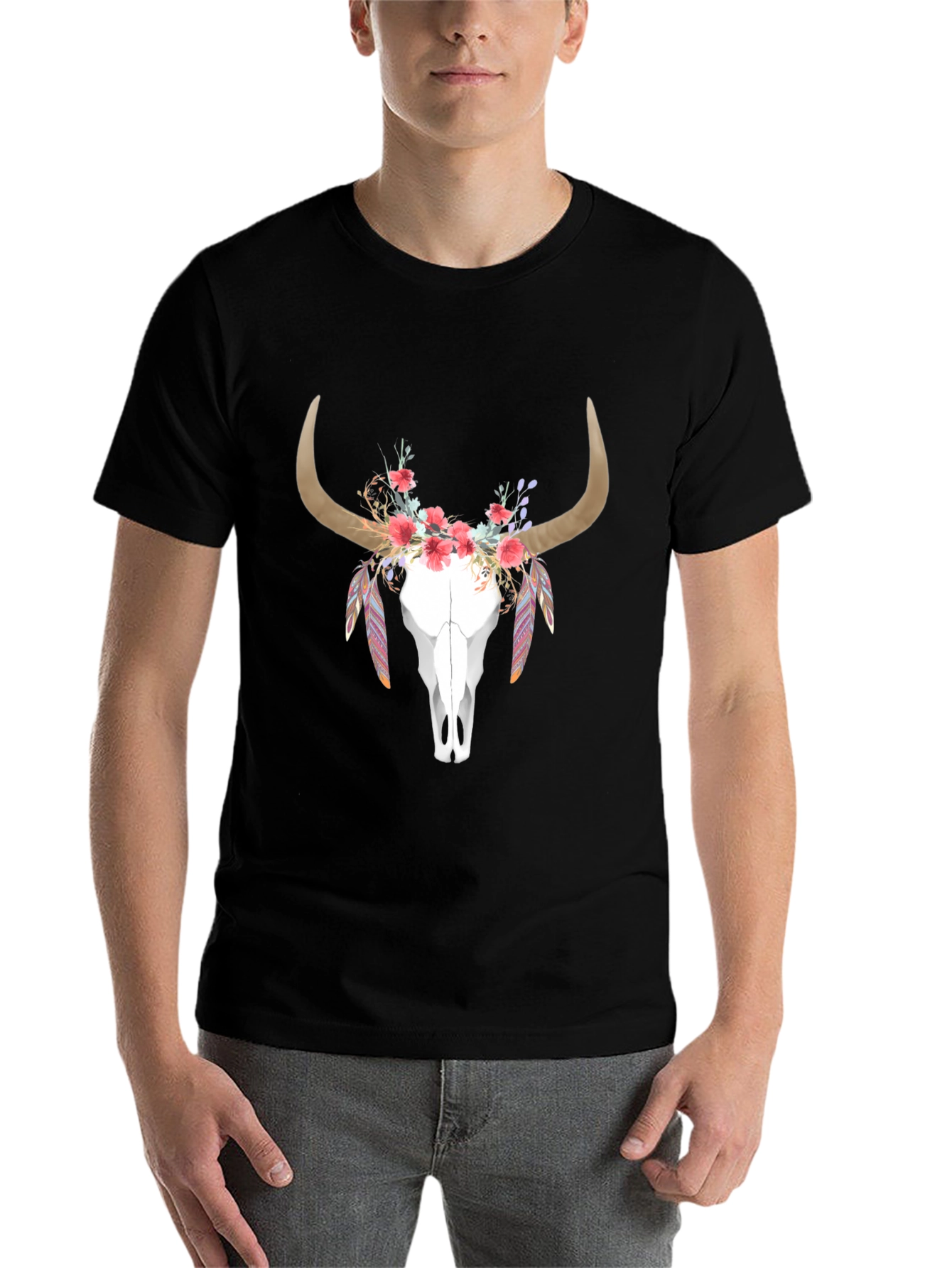 Black Floral Bull Skull Graphic T-Shirt view 7