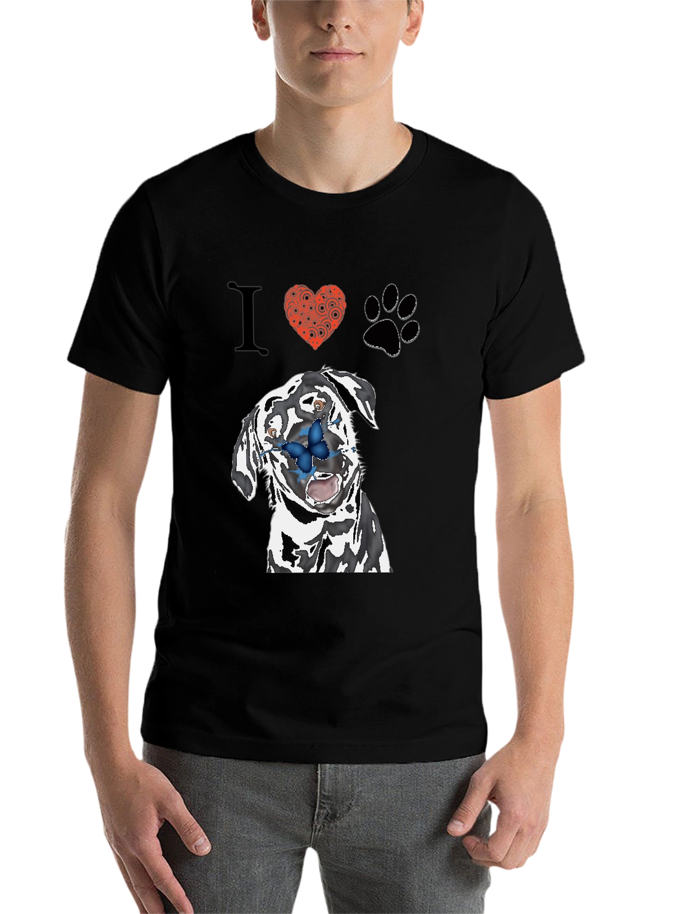 Black I Heart Pups T-Shirt: Black Tee with Dalmatian Graphic view 7