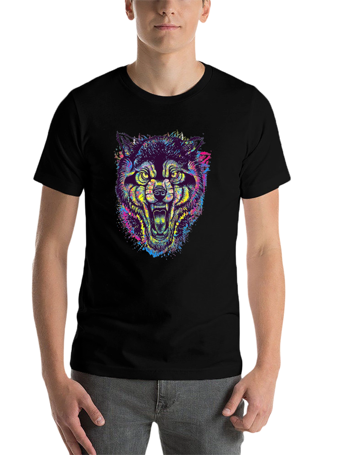 Black Colorful Wolf Graphic Tee - Unique Animal Print T-Shirt view 7