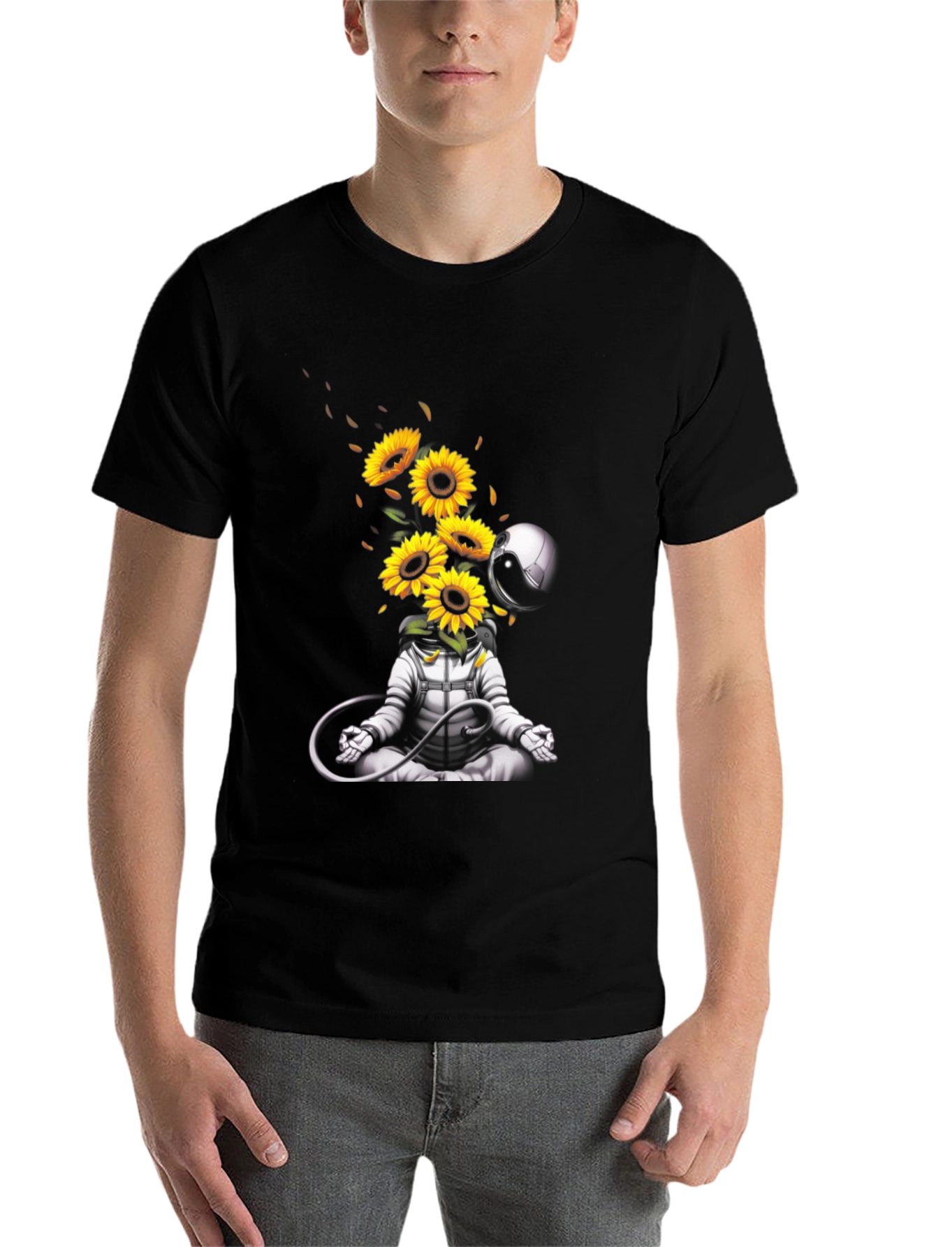 Black Meditating Astronaut with Sunflowers Graphic T-Shirt view 7