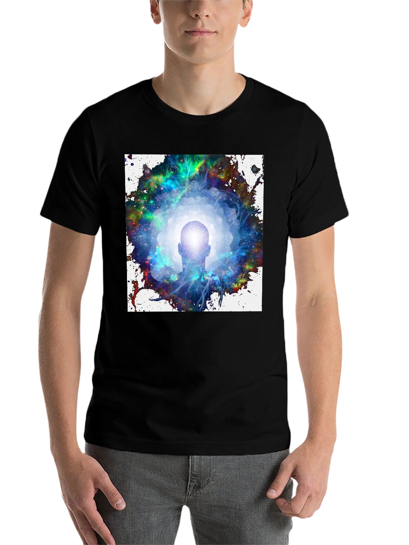 Black Mystical Head in Galaxy Men's Black T-Shirt view 7