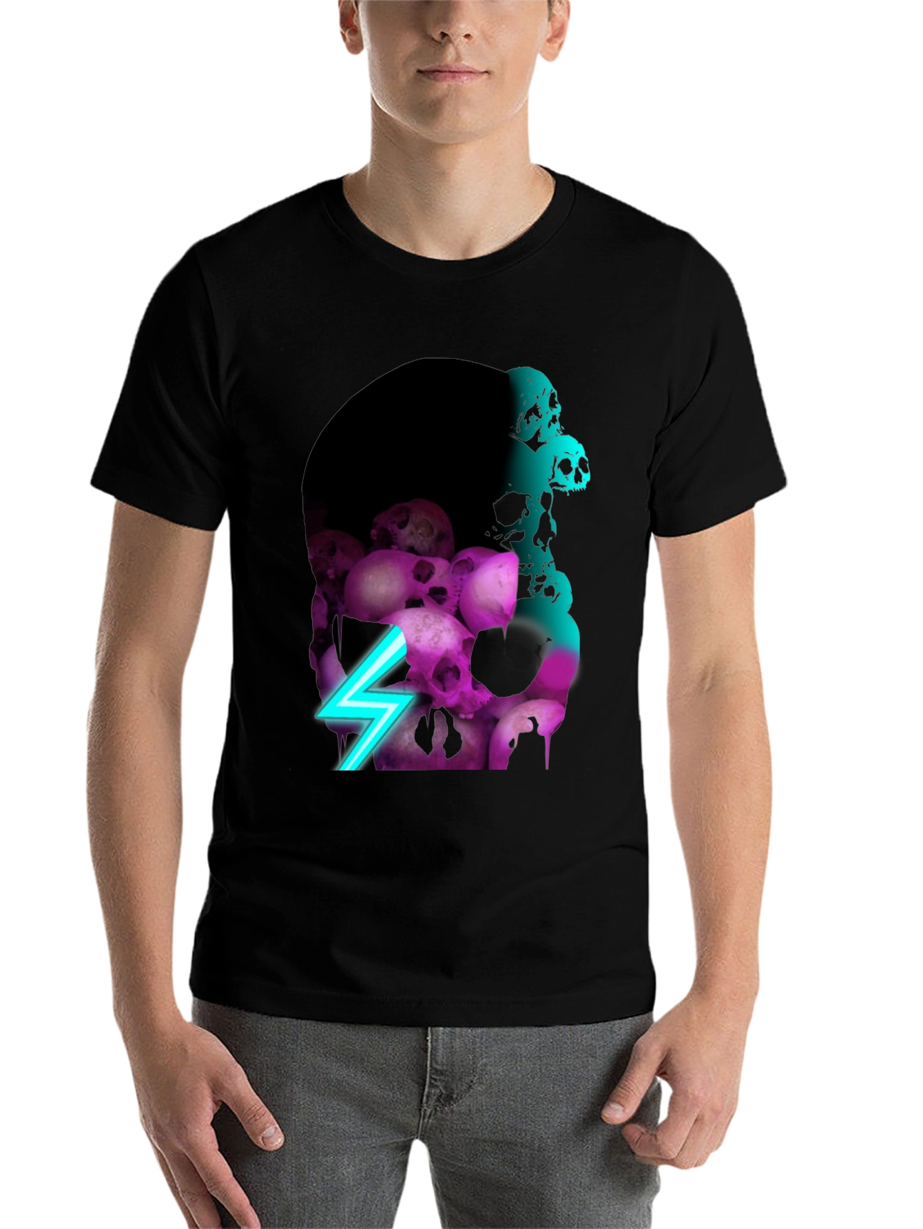 Black Skull Pile Graphic Tee - Neon Lightning Bolt Design view 7