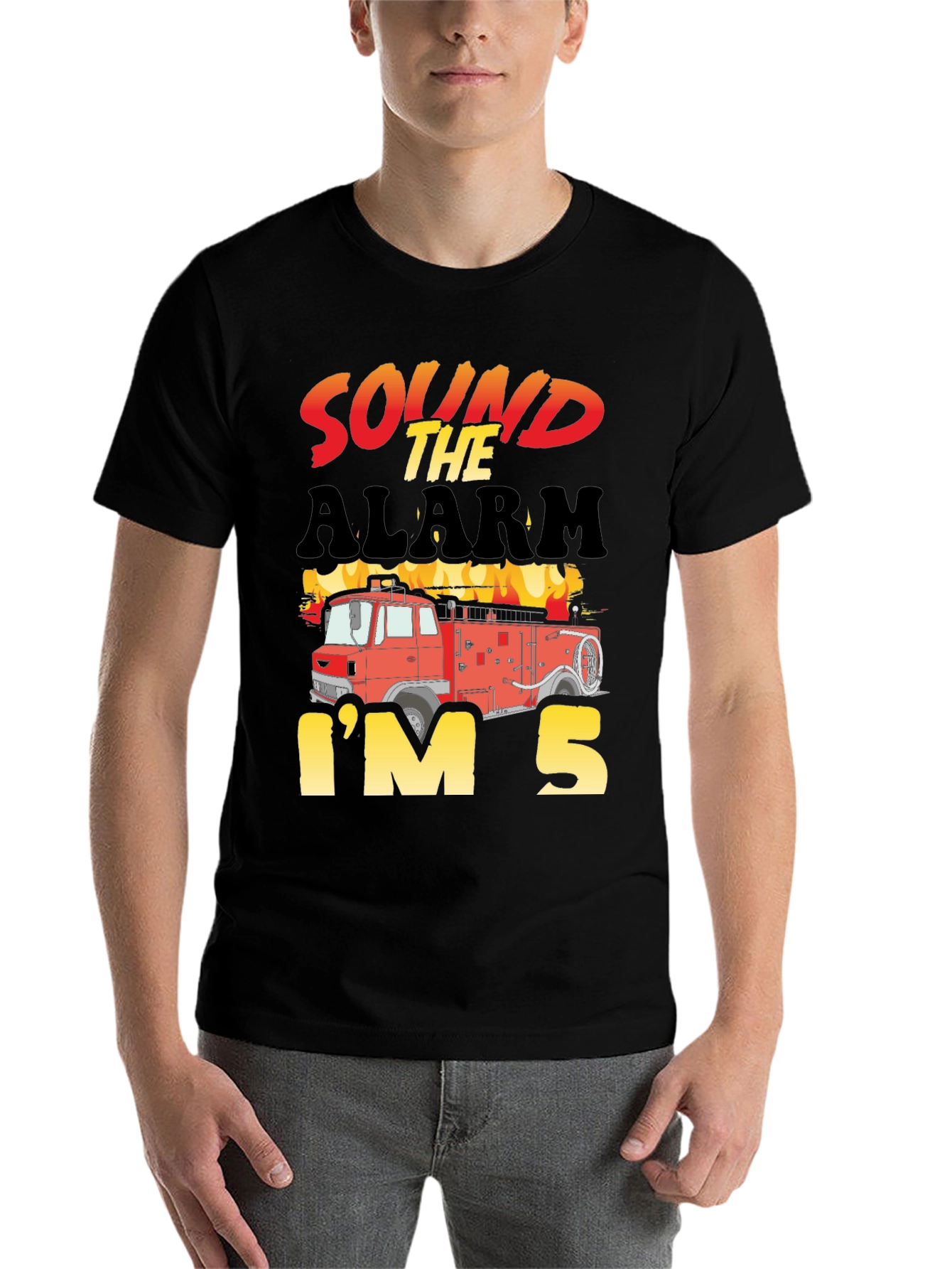 Black Sound the Alarm, I'm 5! Fire Truck Kids Birthday T-Shirt view 7