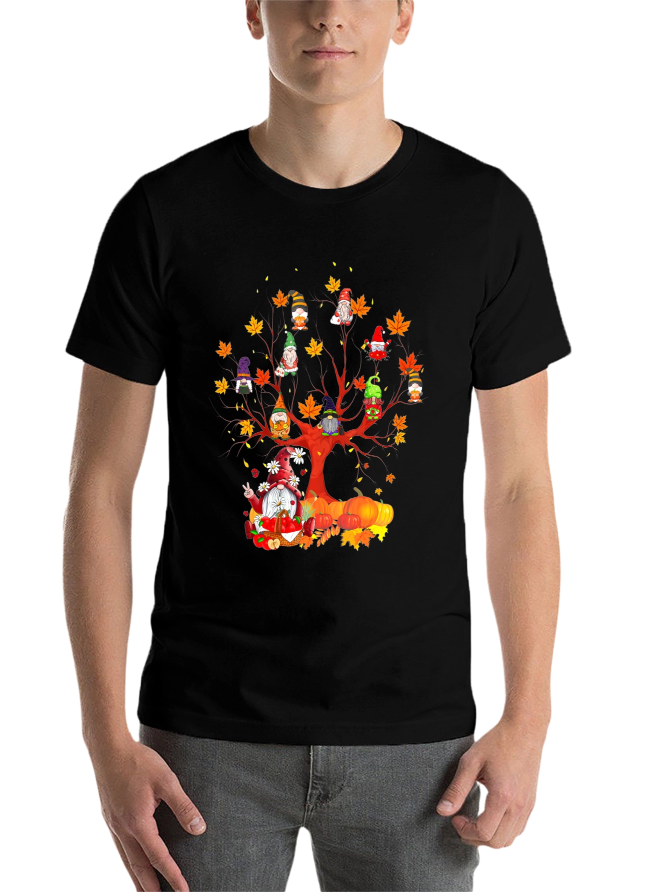 Black Fall Gnomes T-Shirt - Autumn Harvest Tree Design view 7