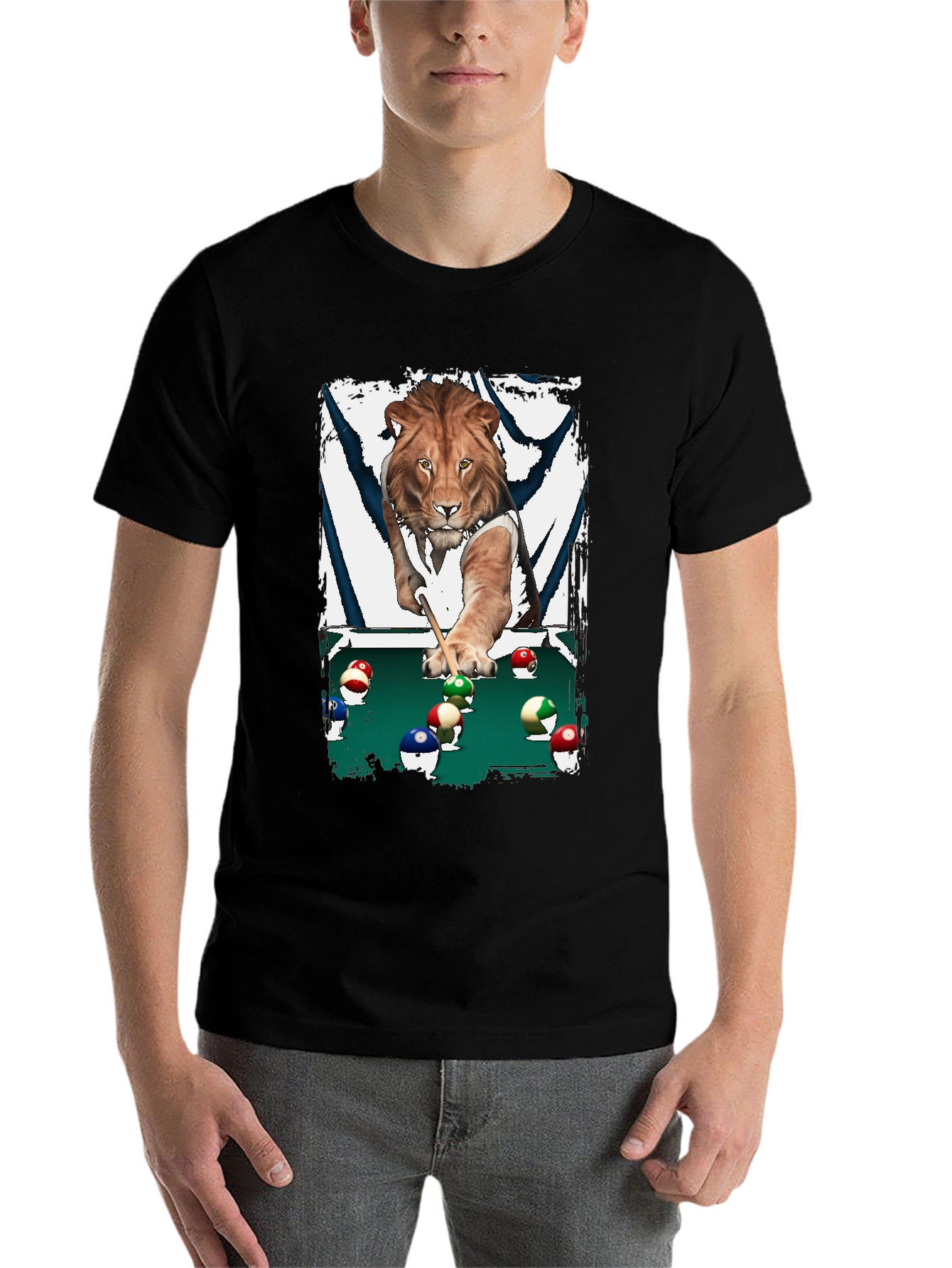 Black Lion Playing Pool T-Shirt - Unique Graphic Tee view 7