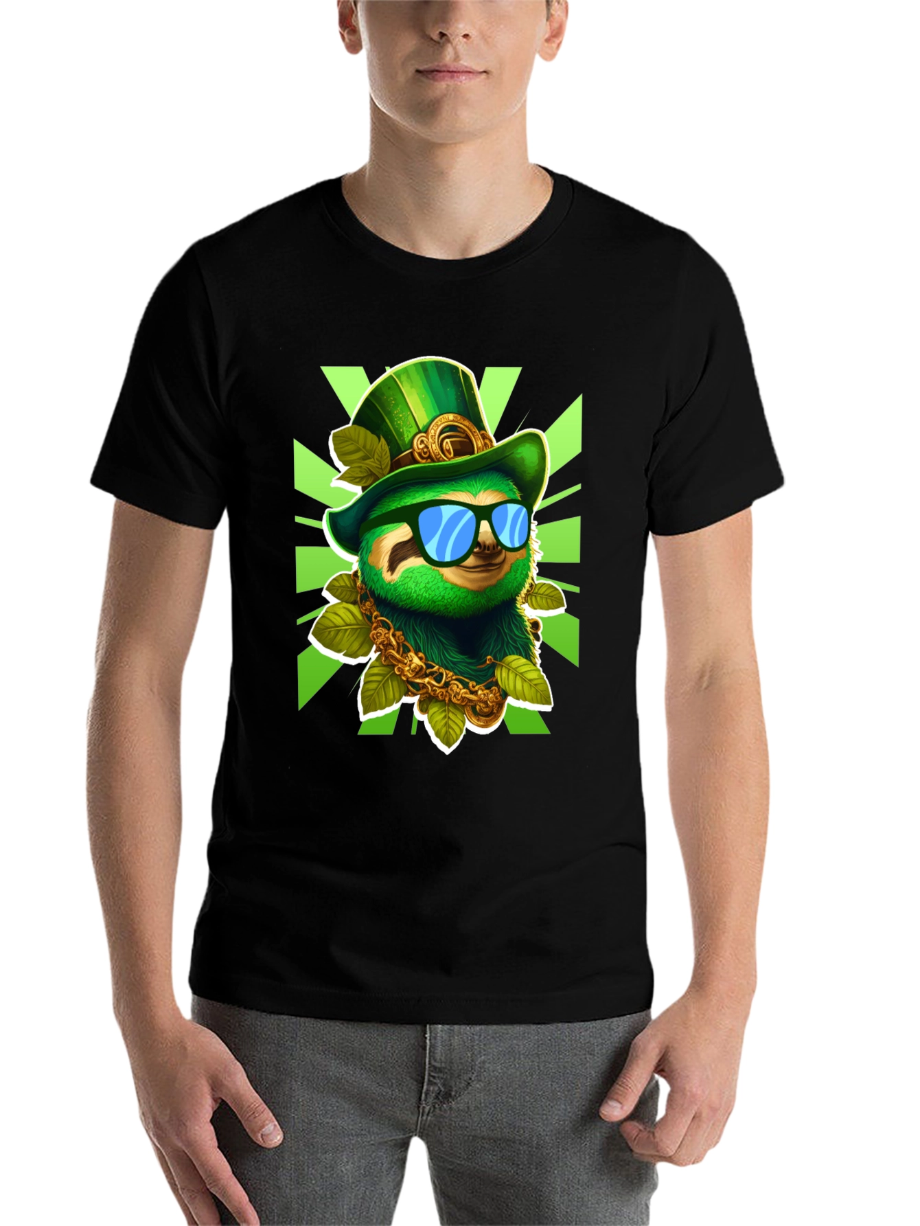 Black Lucky Sloth St. Patrick's Day T-Shirt view 7