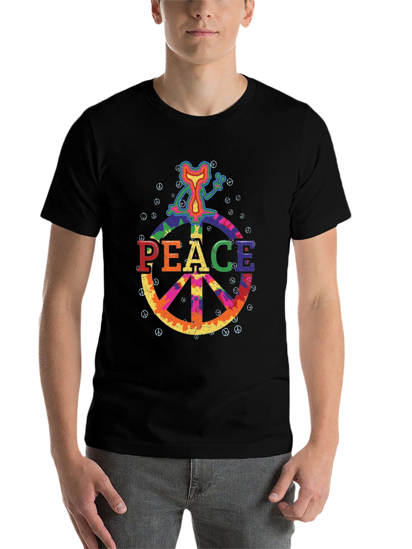 Black Retro Peace Sign Graphic Tee - Black Cotton T-Shirt view 7