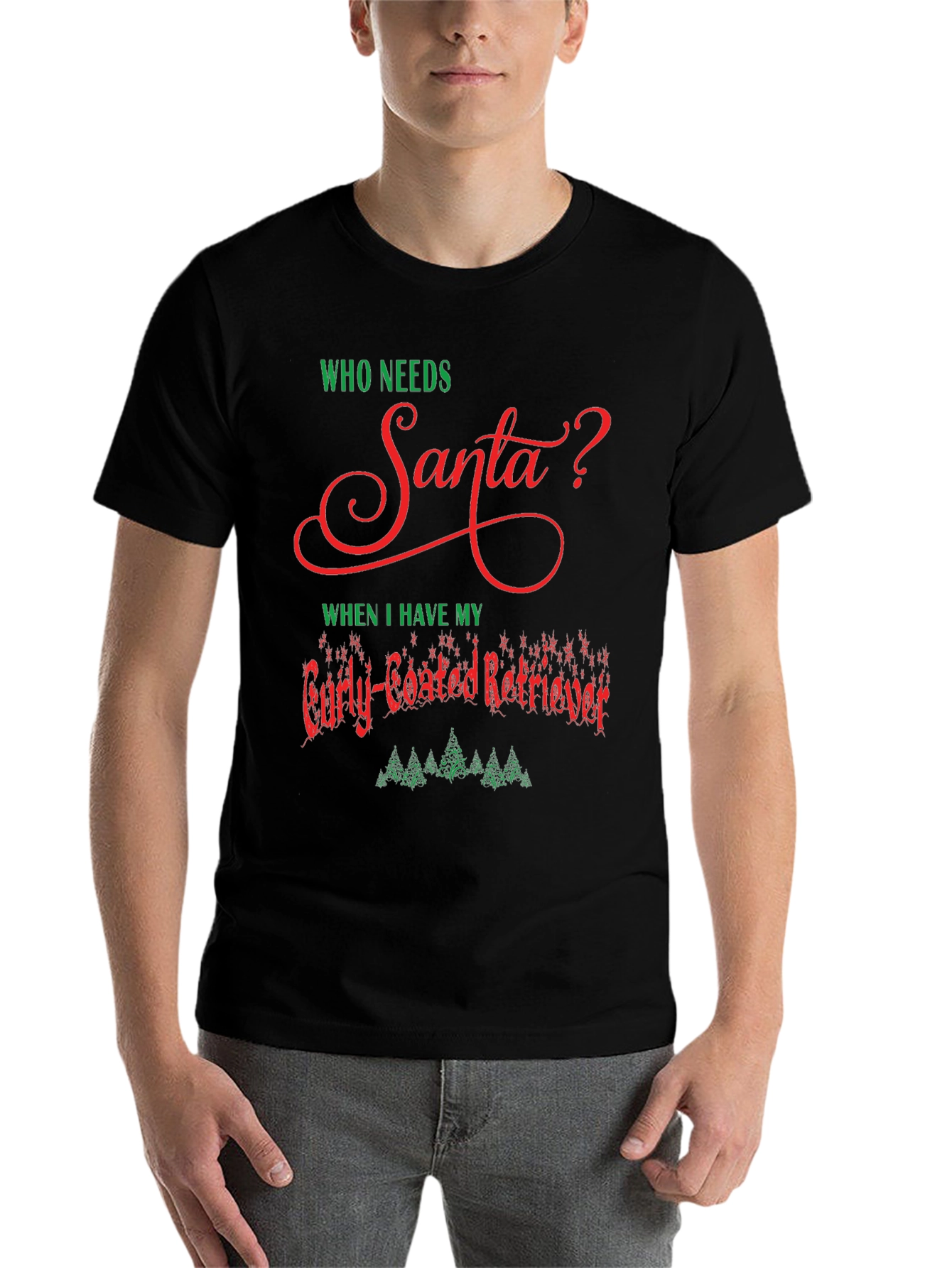 Black Who Needs Santa Curly-Coated Retriever T-Shirt view 7
