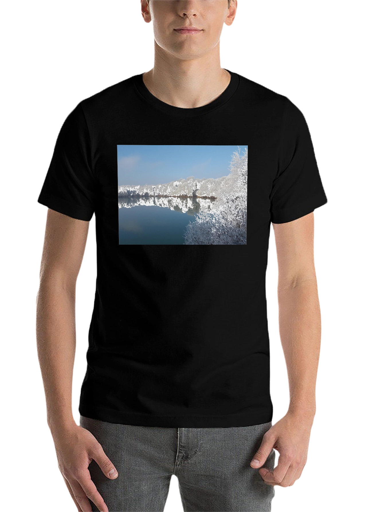 Black Winter Lake Reflection Black T-Shirt view 7
