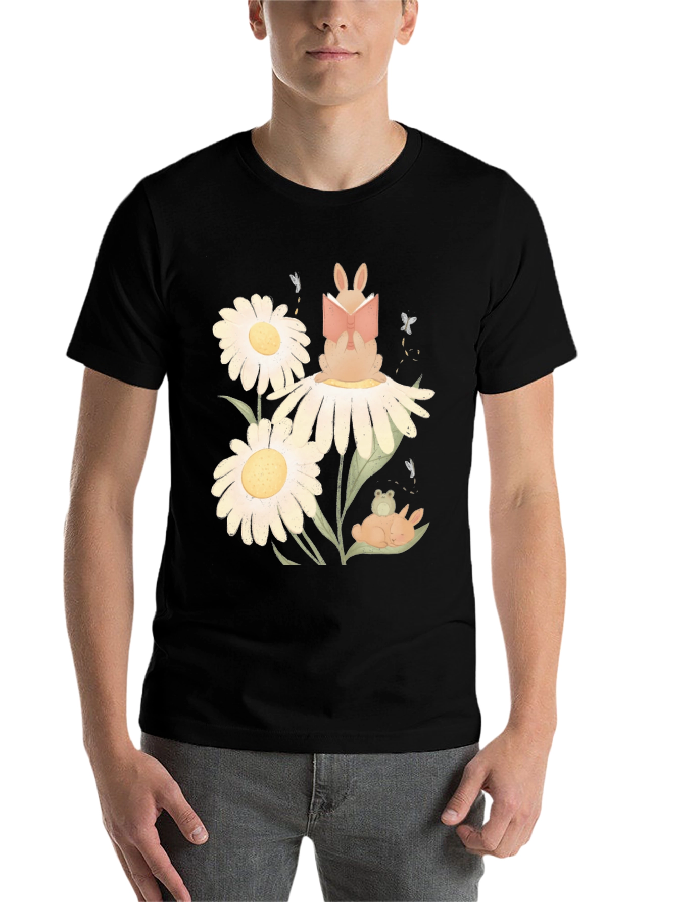 Black Whimsical Reading Bunny Graphic Tee view 7