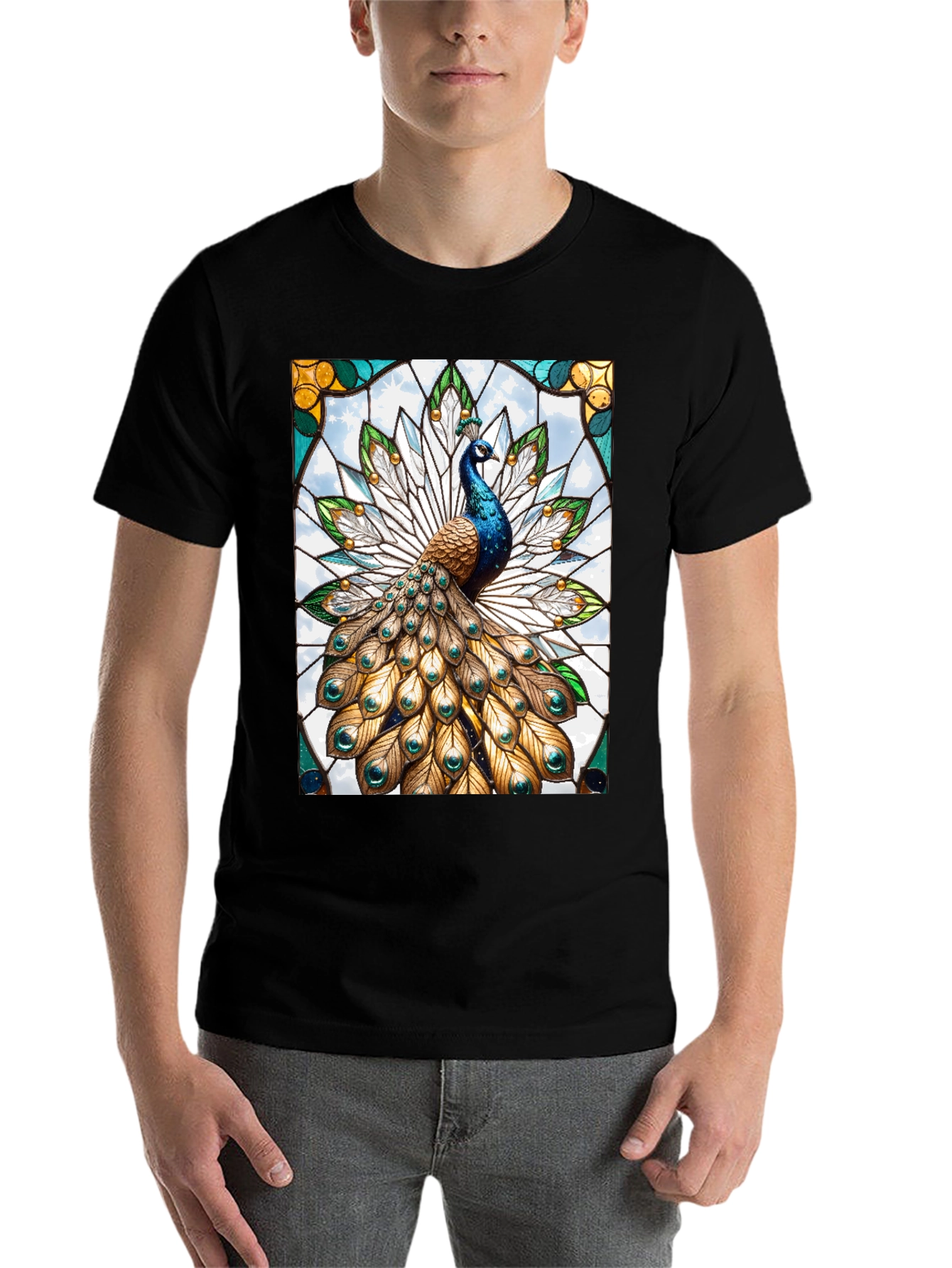 Black Peacock Stained Glass Graphic T-Shirt view 7