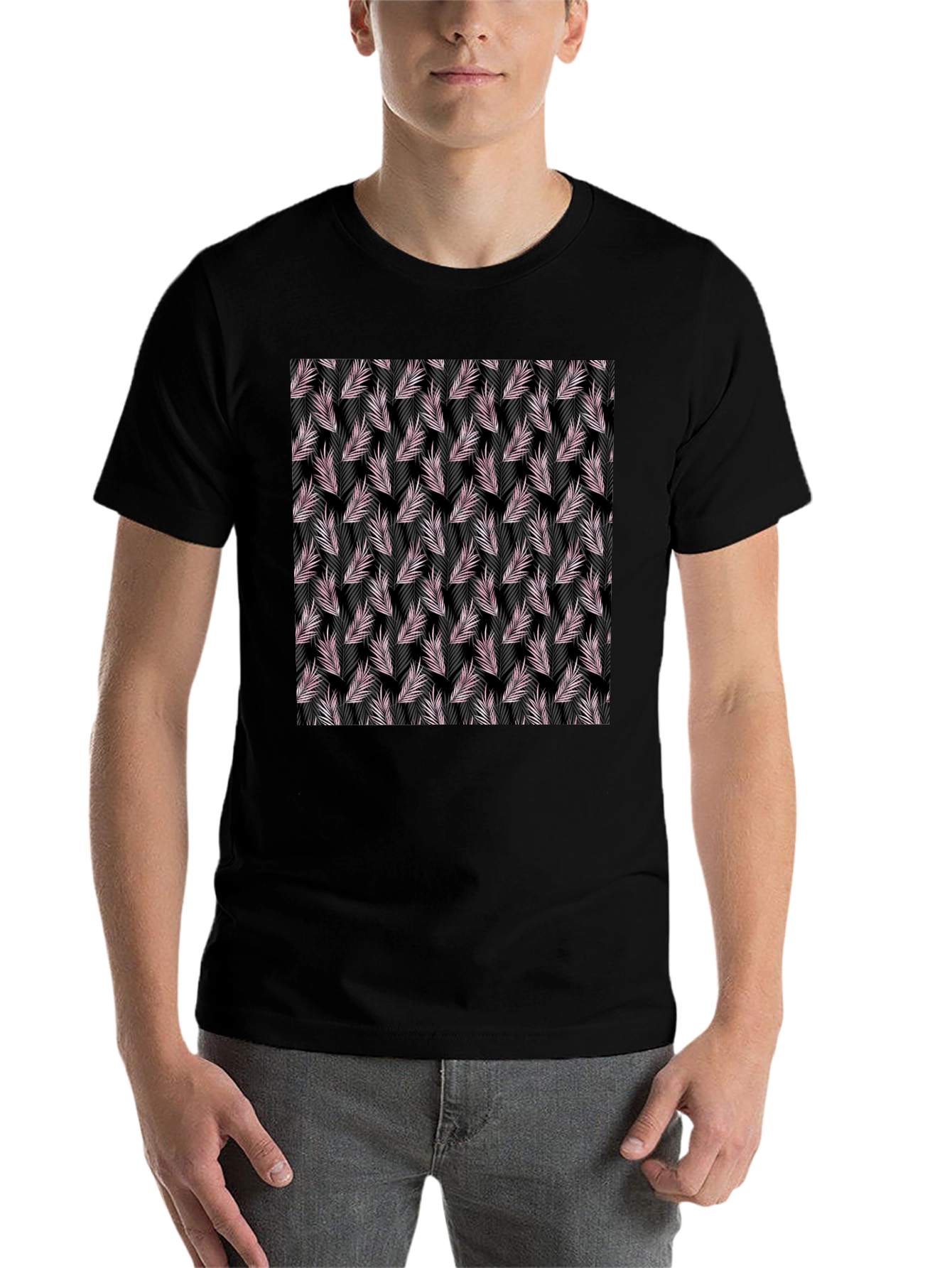 Black Tropical Leaf Pattern Black T-Shirt view 7