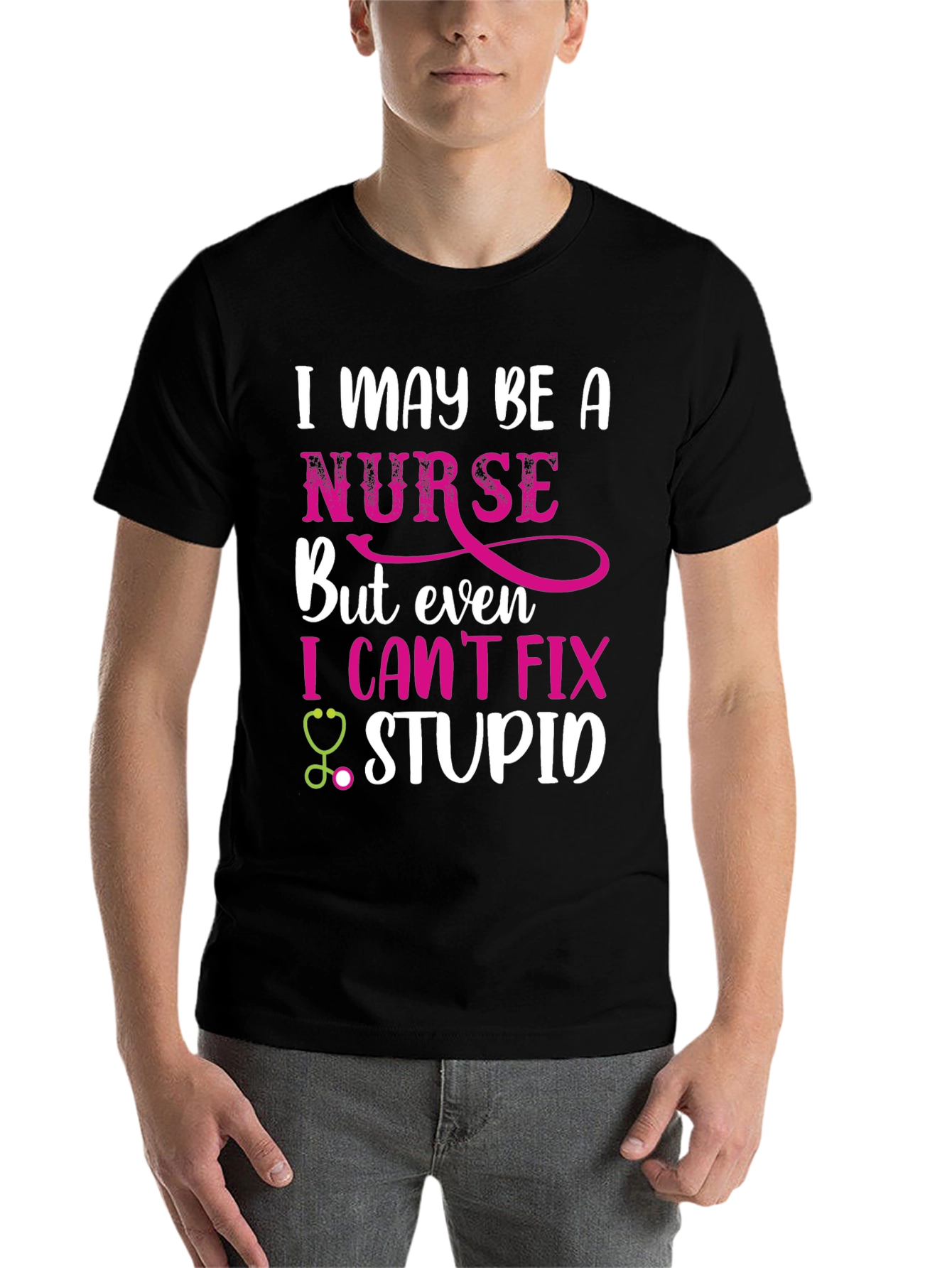 Black Funny Nurse T-Shirt - I Can't Fix Stupid view 7