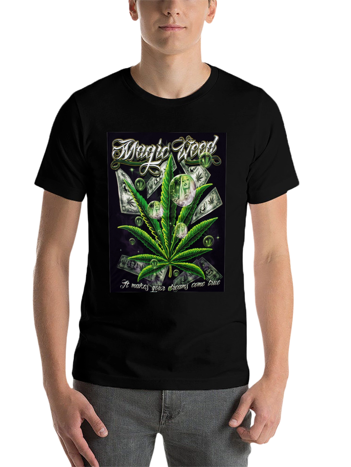 Black Magic Weed Graphic Print Black T-Shirt view 7