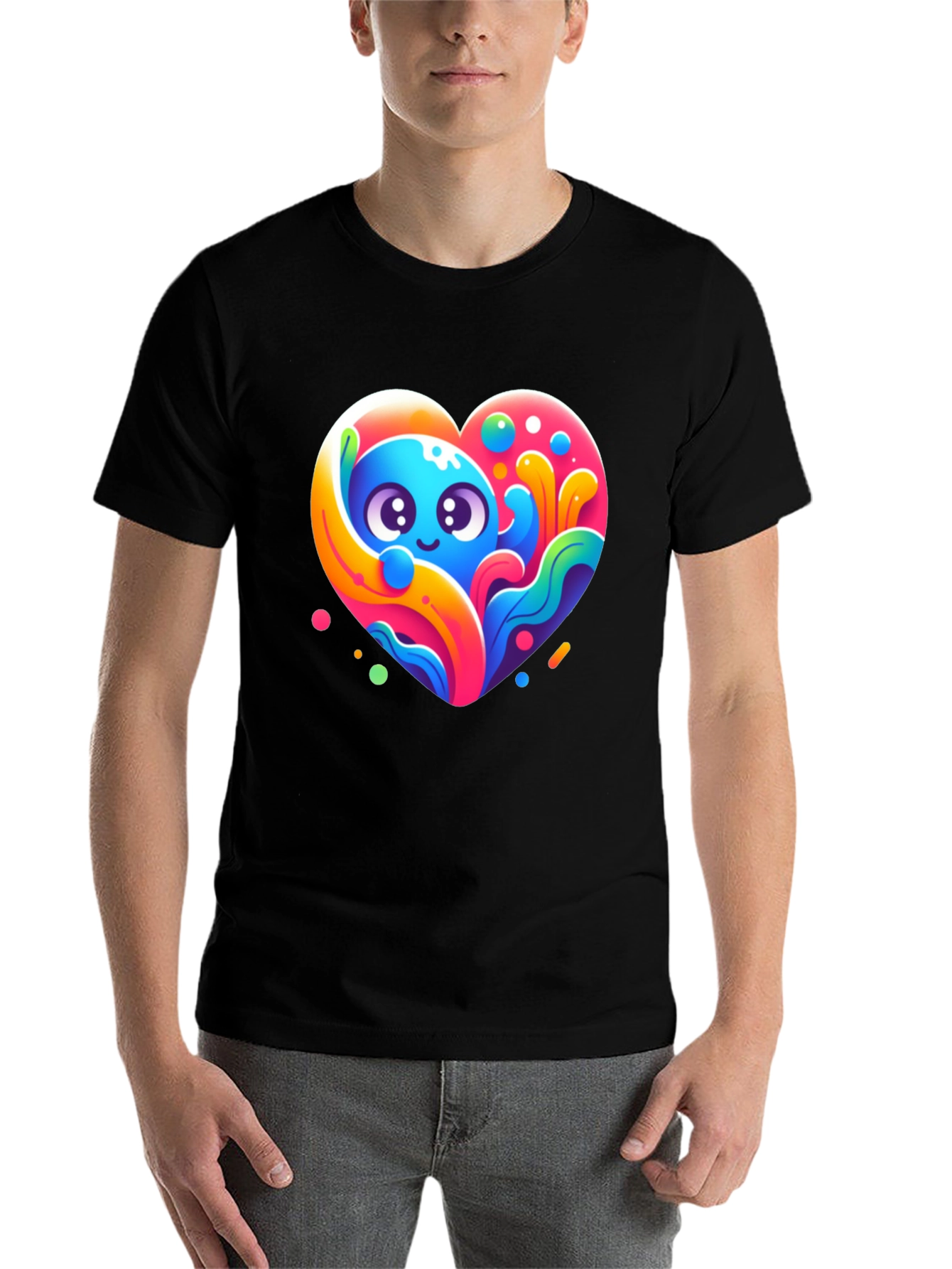 Black Cute Cartoon Heart Graphic Black T-Shirt view 7
