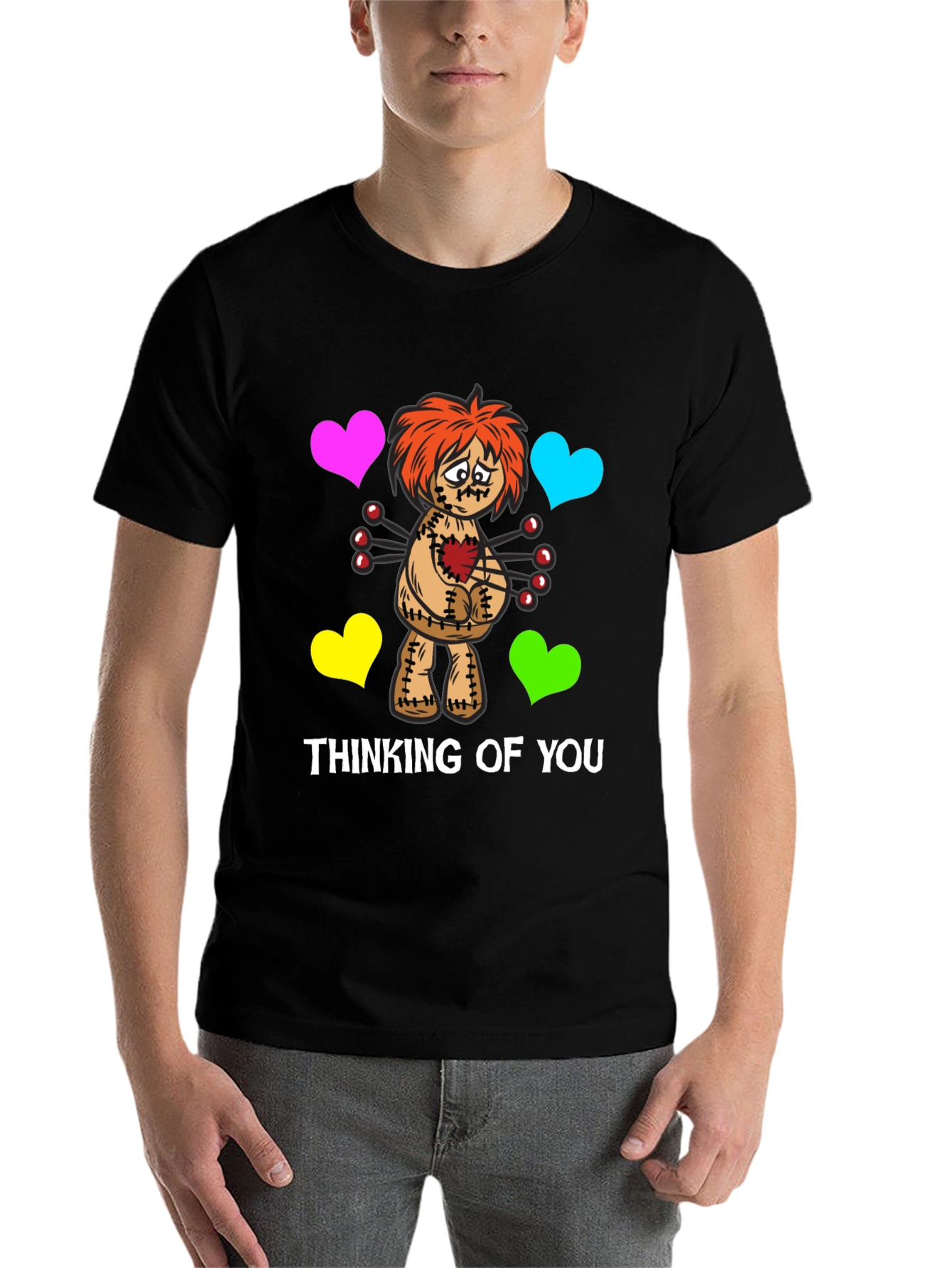 Black Thinking of You Voodoo Doll Graphic T-Shirt view 7